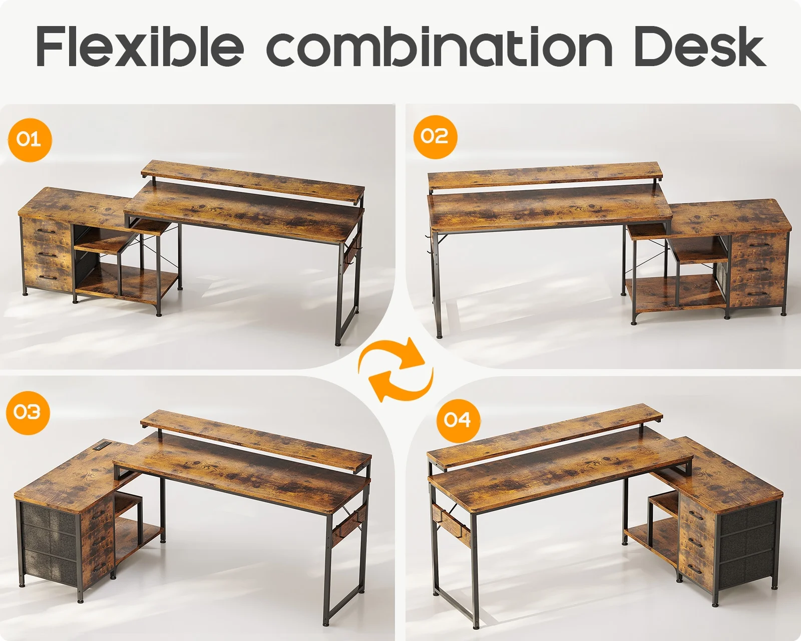 55 inch L Shaped Computer Desk with Drawers & Power Outlets, L-Shaped Gaming Desk with Removable File Cabinet, Reversible Corner Desk with Monitor Stand for Home Office Workstation, Rustic Brown