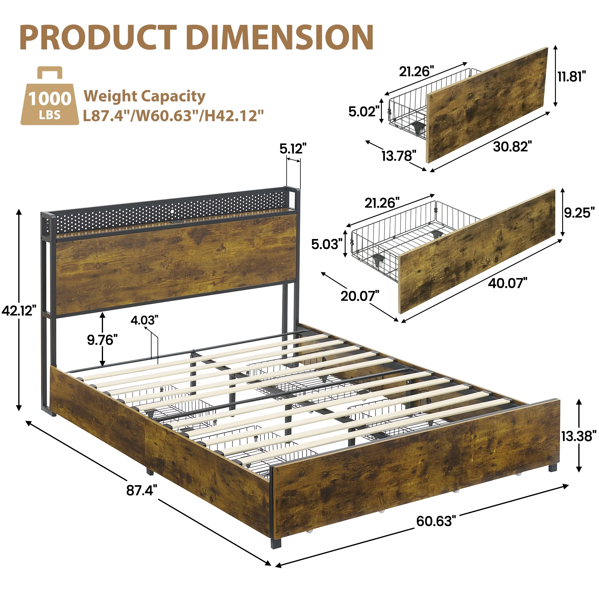 IDEALHOUSE Queen Bed Frame with Storage Headboard and 6 Drawers,LED Bed Frame with Outlets and USB Ports, Queen Size Platform Bed Frame with Headboard, Strong Wood Slats Support, Retro