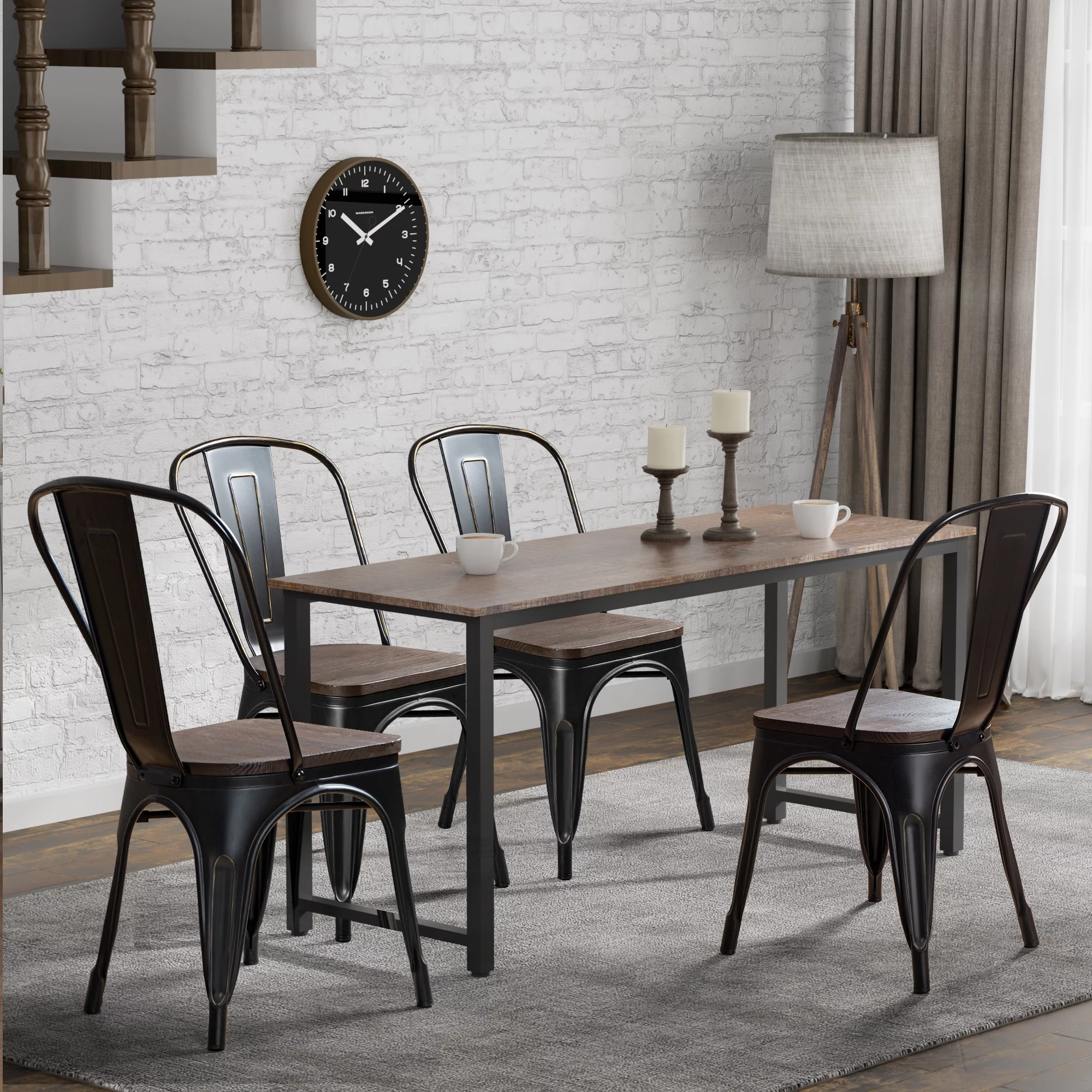 Vineego 18 Inch Wood Seat Dining Chair Set of 4, Industrial Vintage Stackable Metal Chairs,Black Gold