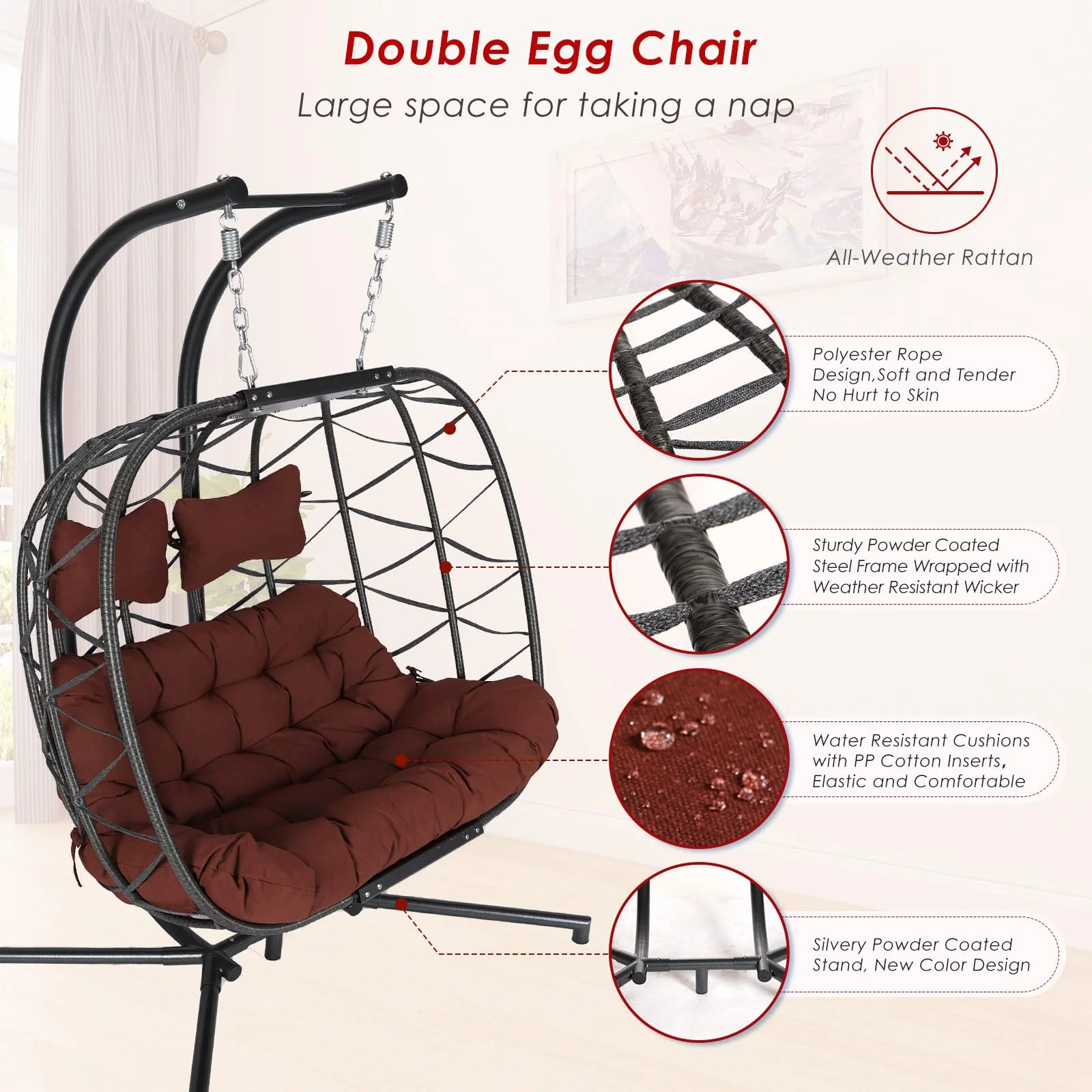 NICESOUL 2 Seater Egg Swing Chair with Stand 2 Person Indoor Outdoor Gray Swing Hanging Chair Two Person Burgundy Olefin Cushion Large Luxury 510Lbs Capacity