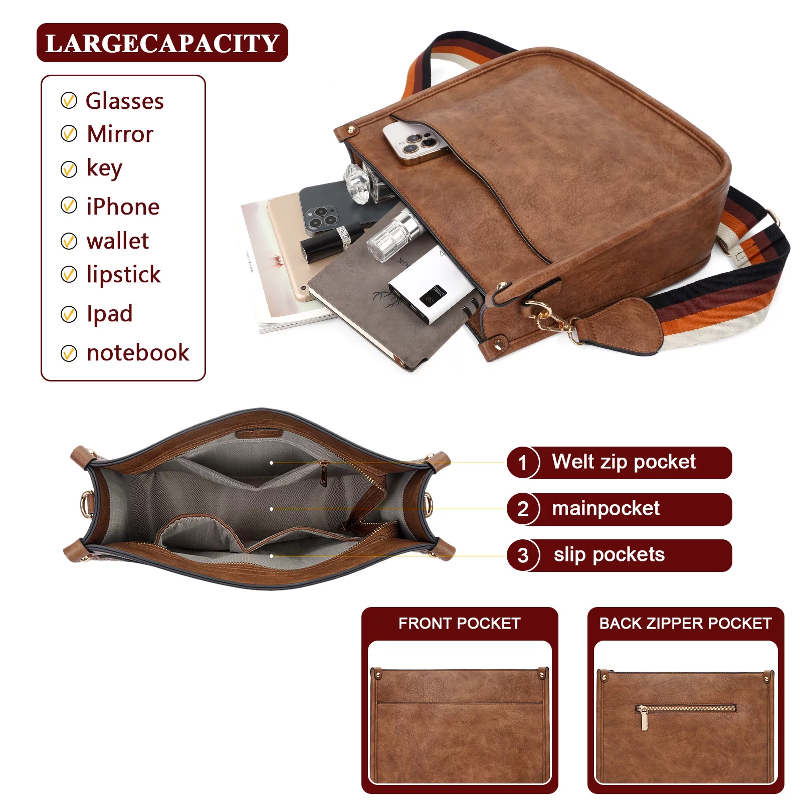 HKCLUF Crossbody Bag for Women 2pcs Leather Crossbody Bag and Wallet Set With 2 Replacement Guitar Leopard Straps Hobo Handbag