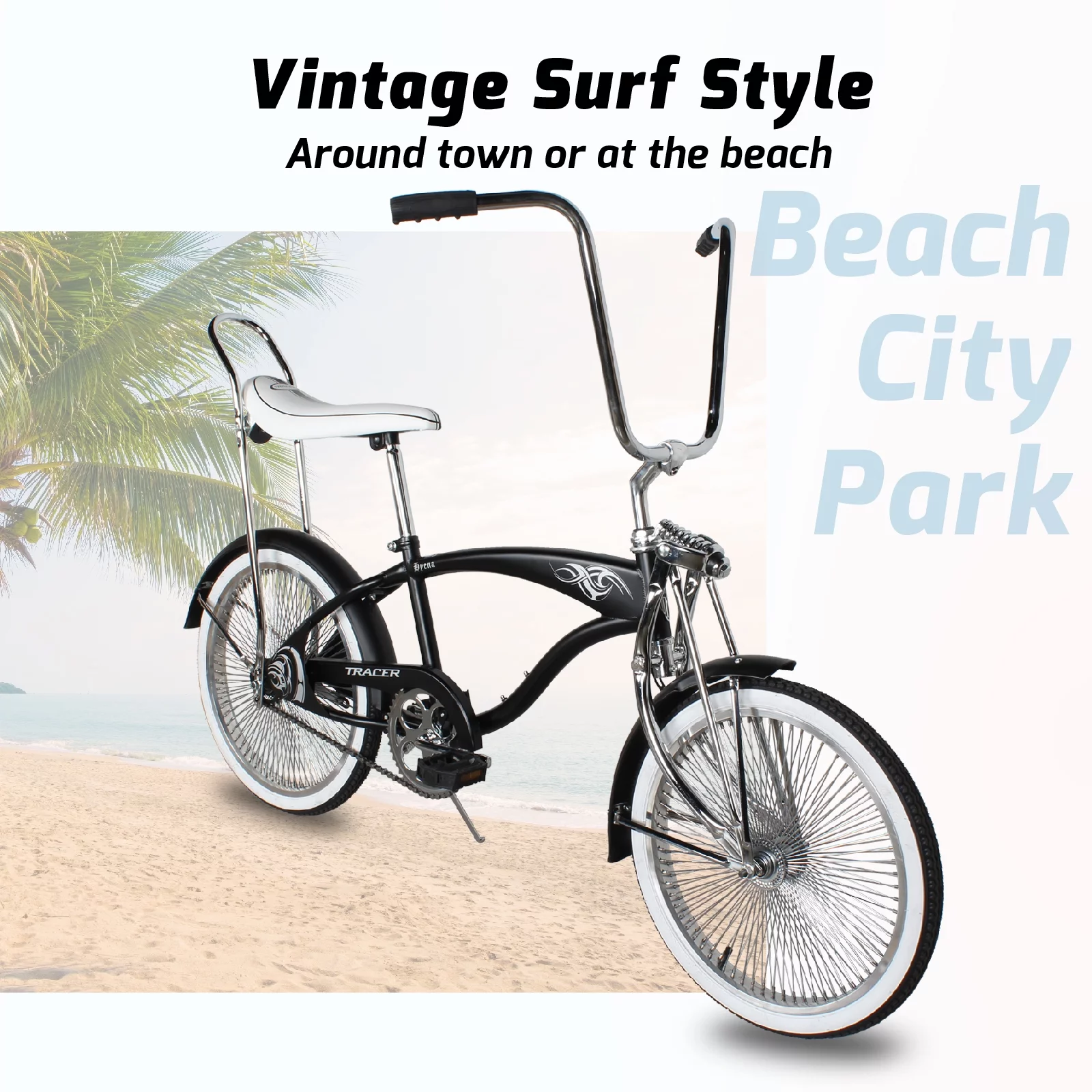 Tracer Hyena Classic Beach Cruiser Bike, City Bike, Lowrider Springer Fork Bike Retro Banana Seat,High Rise Handlebar, Coaster Brakes, 20 inch Wheels, 20X1.75 Fat Tire Matte Black