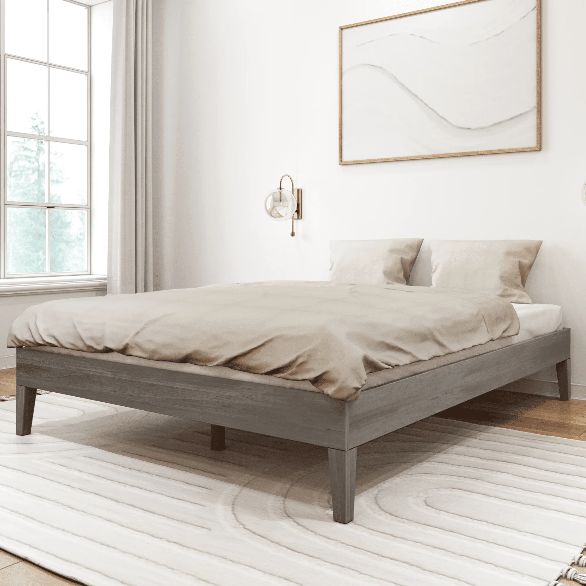 Plank+Beam Queen Bed Frame, Solid Wood Adults Platform Bed, No Box Spring Needed, Driftwood