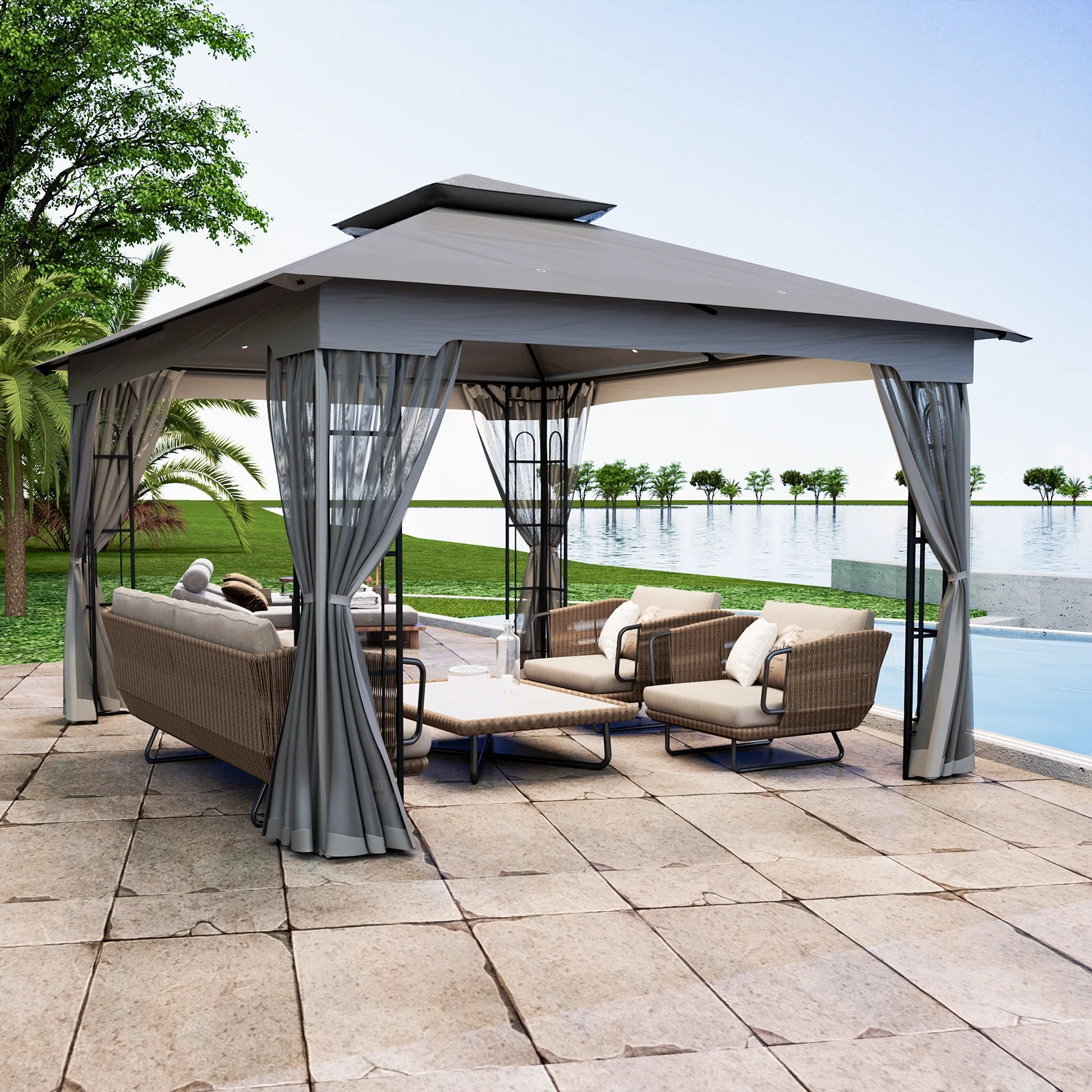 INTER HUT 13x11 Metal Patio Gazebo, Outdoor Gazebo Canopy Tent for Backyard with Mesh Privacy Curtains