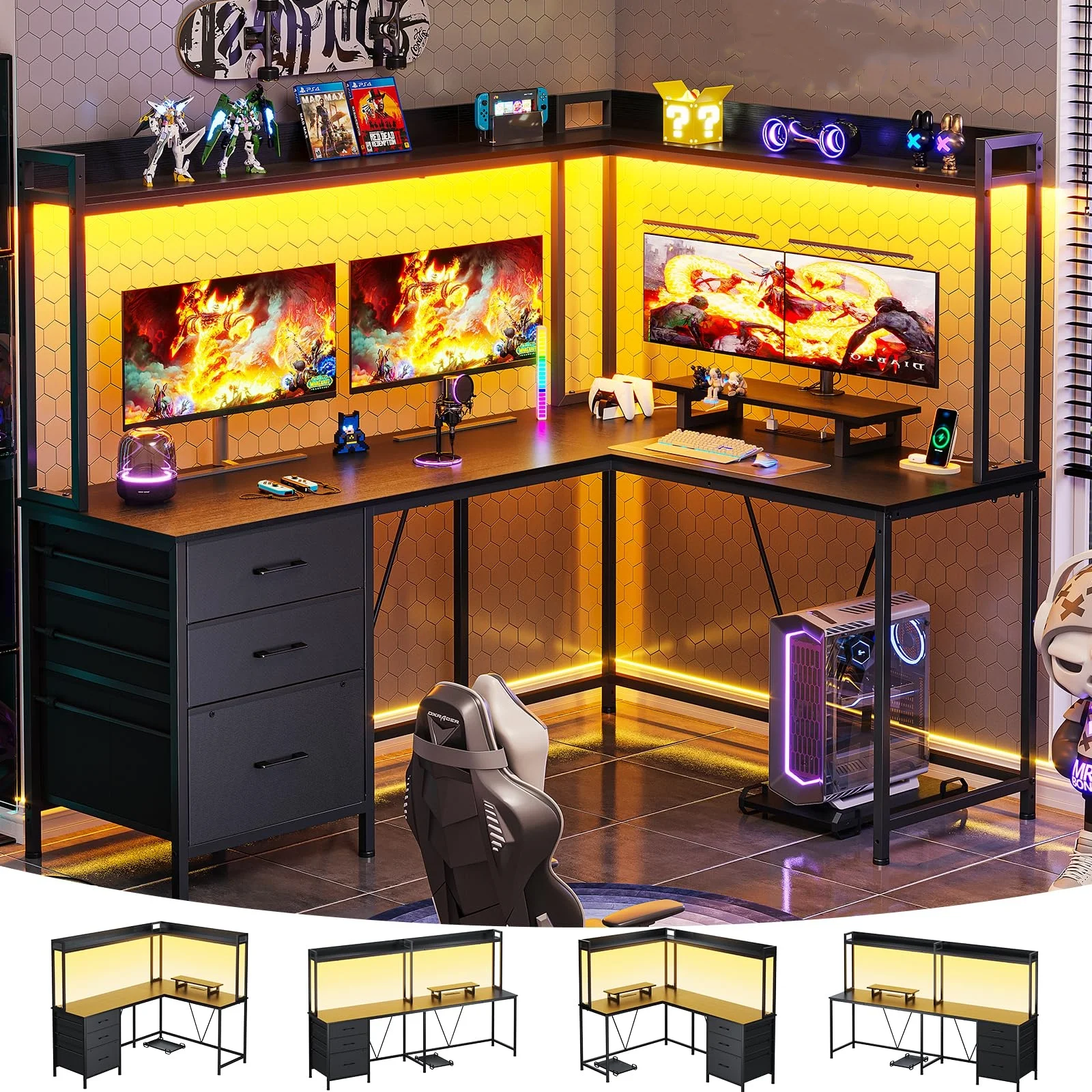 Afuhokles L Shaped Gaming Desk with Hutch and Drawers, Reversible Corner Computer Desk with Power Outlet and LED Strip, Black