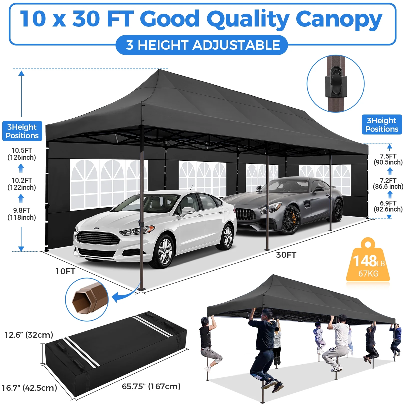 SANOPY 10' x 30' Pop Up Canopy, Heavy Duty Commercial Canopy, Waterproof Outdoor Party Tent, Instant Wedding Beach Canopy with 8 Removable Sidewalls, Carrying Bag, 4 Stakes & 4 Ropes, Black