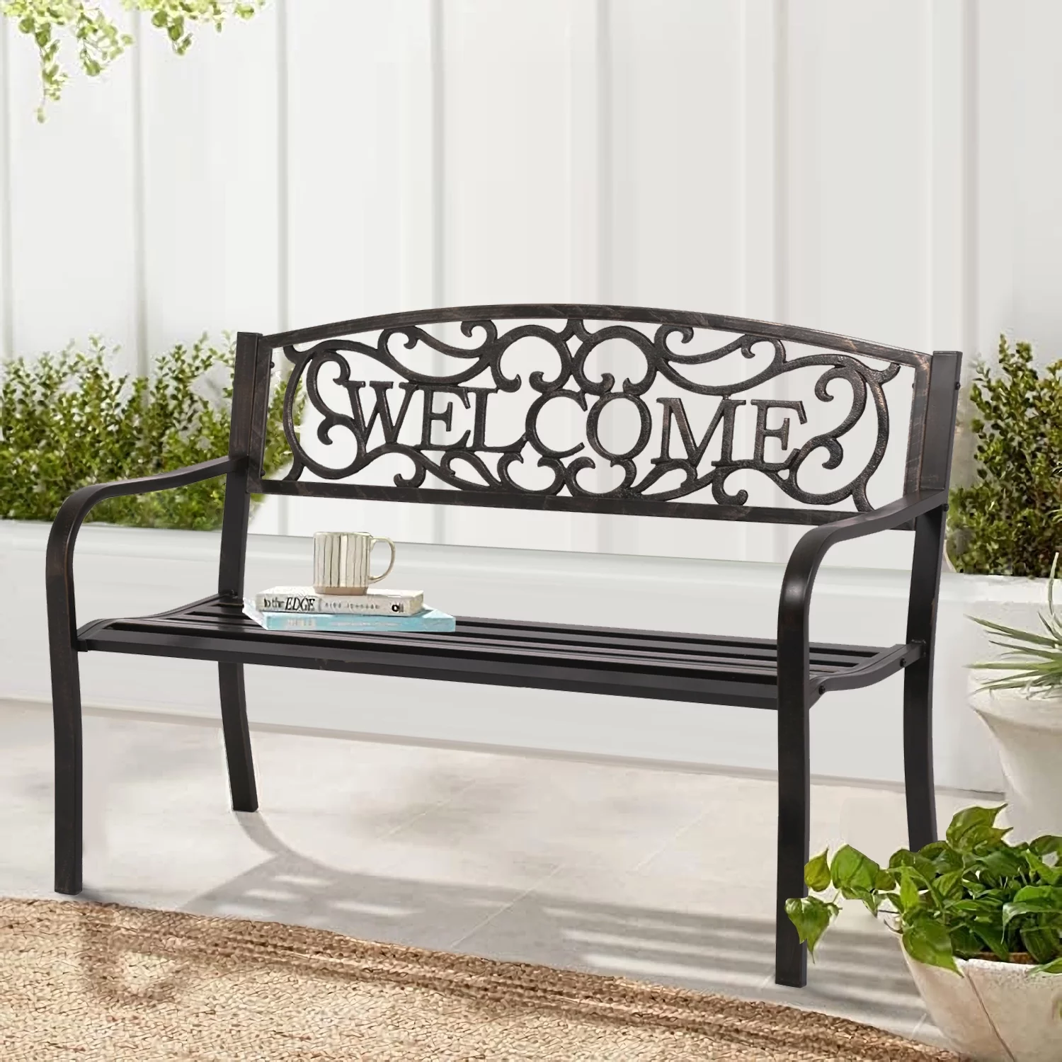 Patio Bench Outdoor Bench Garden Bench Park Yard Furniture 400 lbs Durable Cast Iron Metal Outdoor Seating for Yard Porch Lawn Deck Entryway Backyard, Bronze