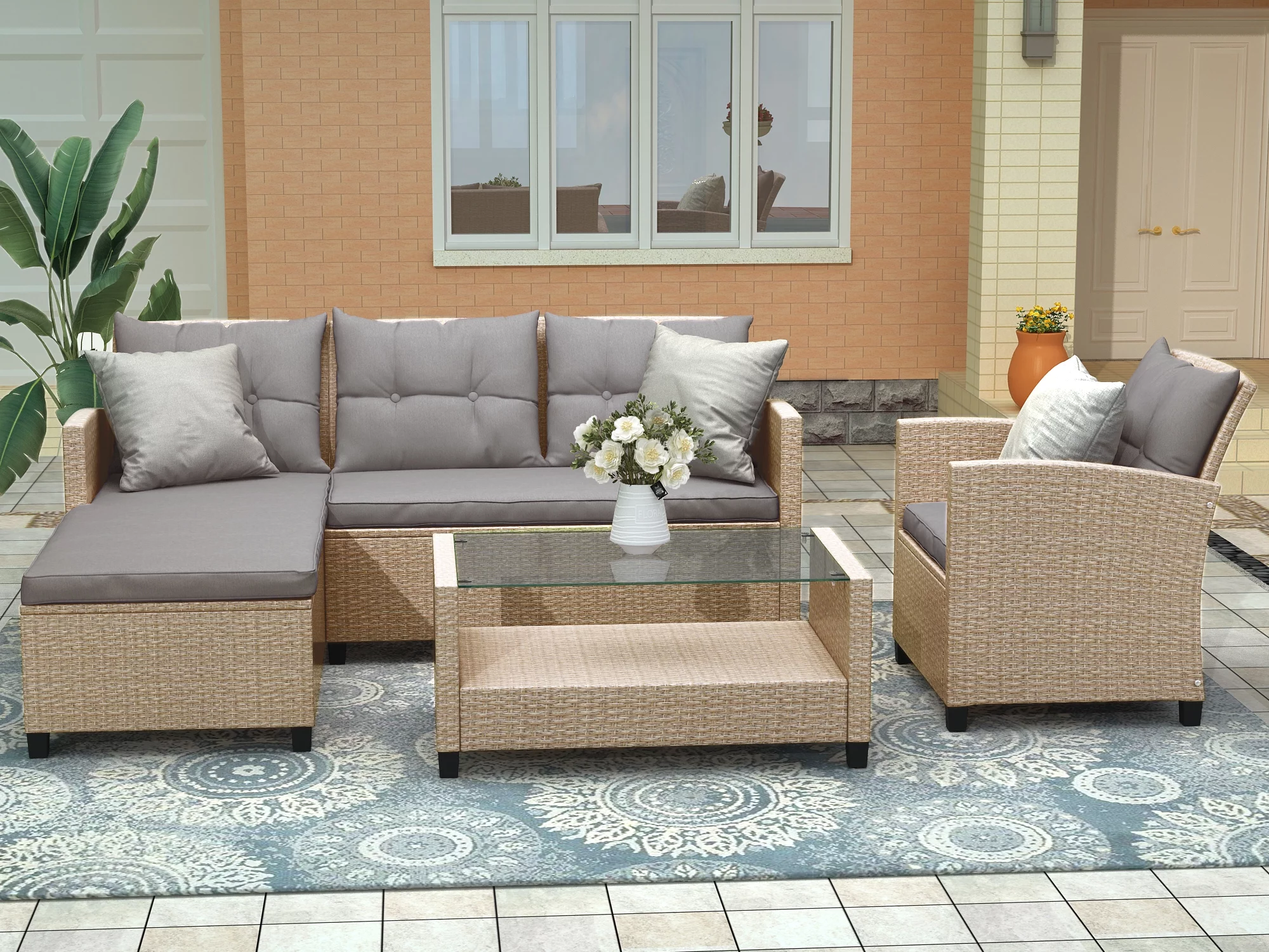 4 Piece Patio Sectional Sofa Set, Outdoor Conversation Set, All-Weather Wicker Sectional Seating Group with Cushions & Coffee Table, Modern Furniture Couch Set for Patio Deck Garden Pool, Gray