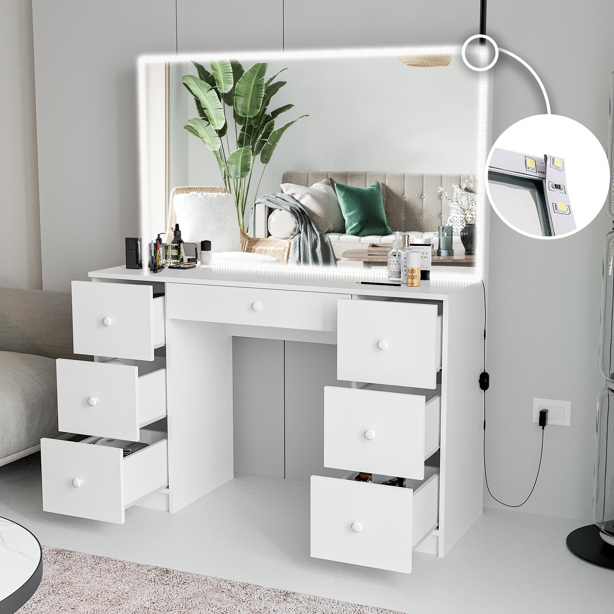 Ember Interiors Valentina Modern White Painted Vanity Table, Lights, for Bedroom