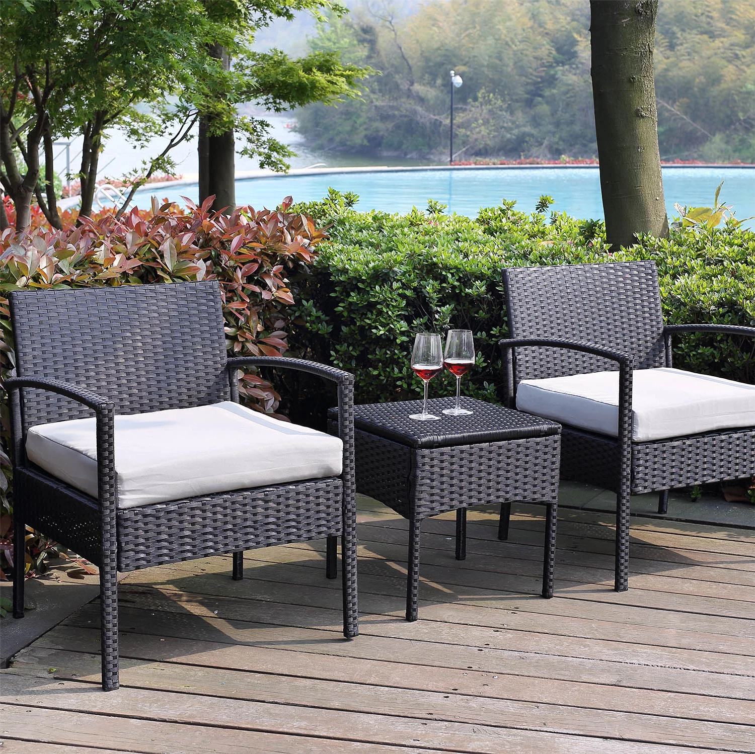 PROHIKER 3 Pieces Outdoor Patio Furniture Modern PE Rattan Wicker Chairs and Table Set, Weather-Resistant Outdoor Furniture Set for Backyard, Porch, Pool, Gray