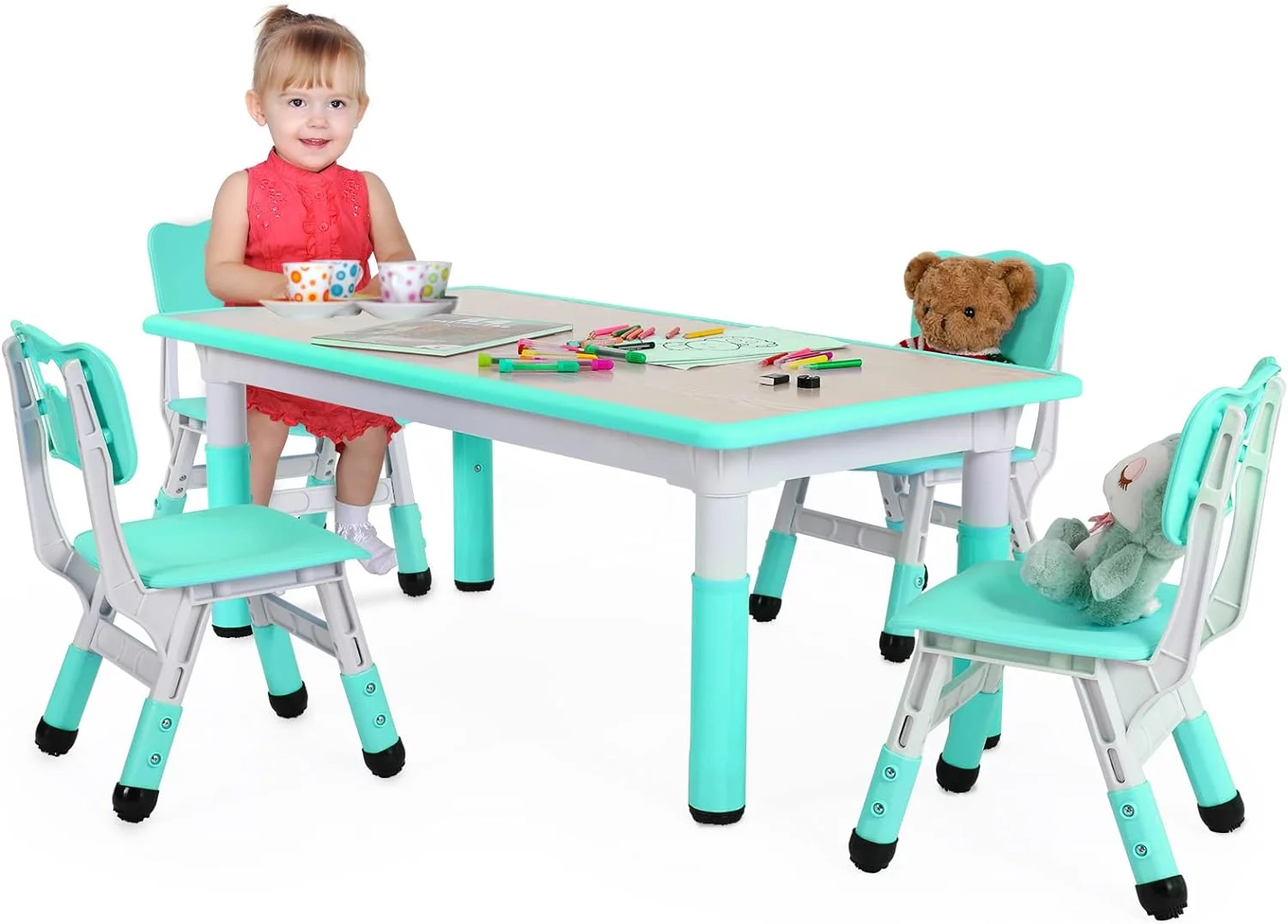 Arlopu Adjustable Kids Table and Chairs Set, 5 Pieces Toddler Play Arts & Crafts Desk Activity Table with 4 Chairs