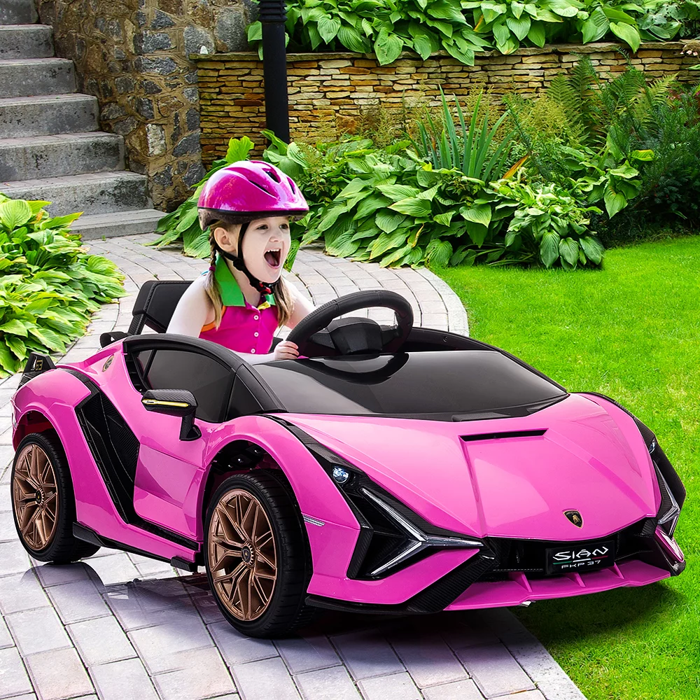 iRerts Ride on Sports Cars with Remote Control, Lamborghini SIAN 12V Electric Car for Kids, Battery Powered Ride on Toys Kids Car with LED Headlights, Horn, Hydraulic Doors, Spring Suspension, Pink