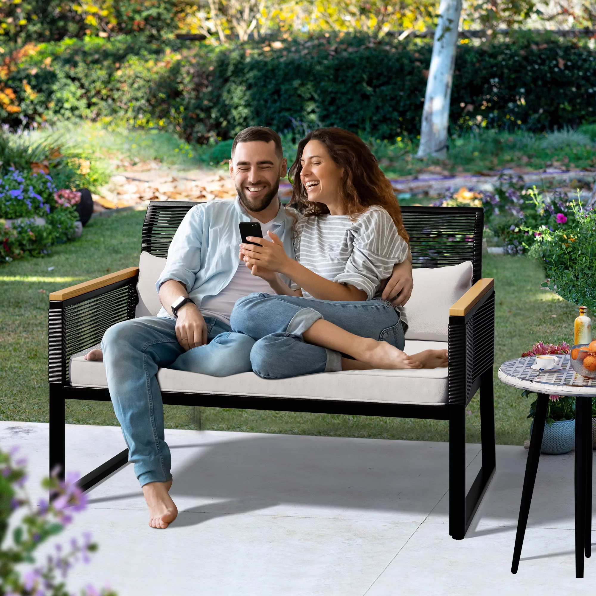 Dextrus Patio Furniture Wicker Outdoor Loveseat Couch Rattan with Cushion, Black