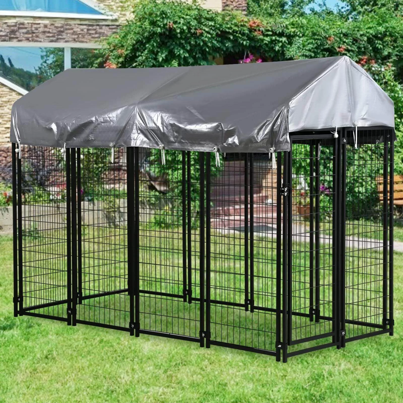 NiamVelo 8'x4'x6' Large Dog Kennel Heavy Duty Playpen Welded Dog Cage with Water-Resistant Cover, Outdoor Dog Fence Crate for Backyard, Black
