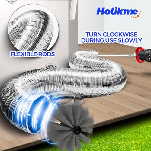 Holikme 30 Feet Dryer Vent Cleaner Kit, Flexible Lint Brush with Drill Attachment, Fireplace Chimney Brushes Extends Up to 30 Feet for Easy Cleaning, Use with or Without a Power Drill
