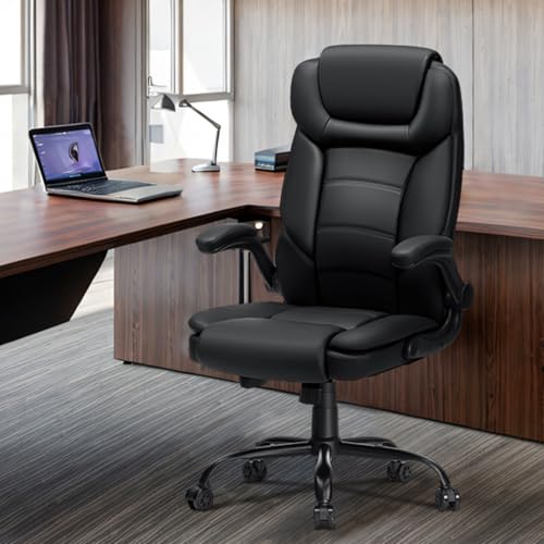Big and Tall Office Chair 450lbs Heavy Duty Executive Desk Chair with Adjustable Lumbar Support High Back Ergonomic Home Computer Leather Chair with Padded Flip-up Arms for Heavy People,Black