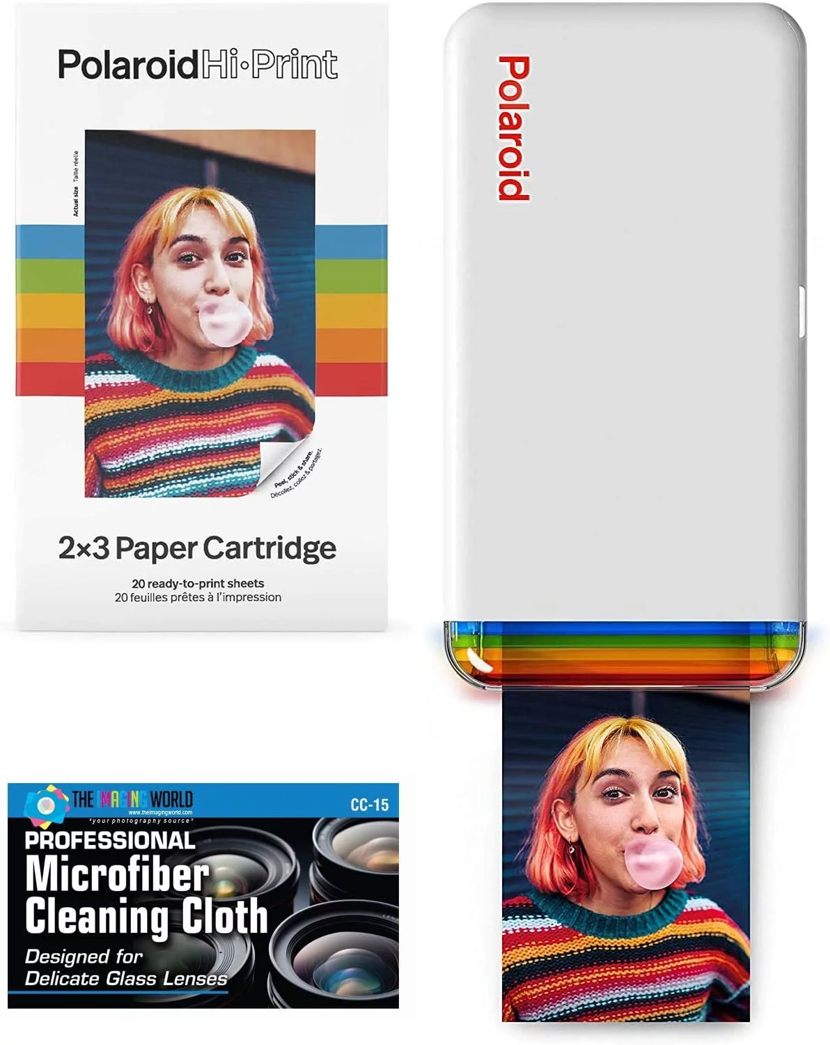 Polaroid Hi-Print - Bluetooth Connected 2x3 Pocket Phone Photo Printer with Polaroid HiPrint 2x3 Paper Cartridge 20 Sheets and Microfiber Cloth