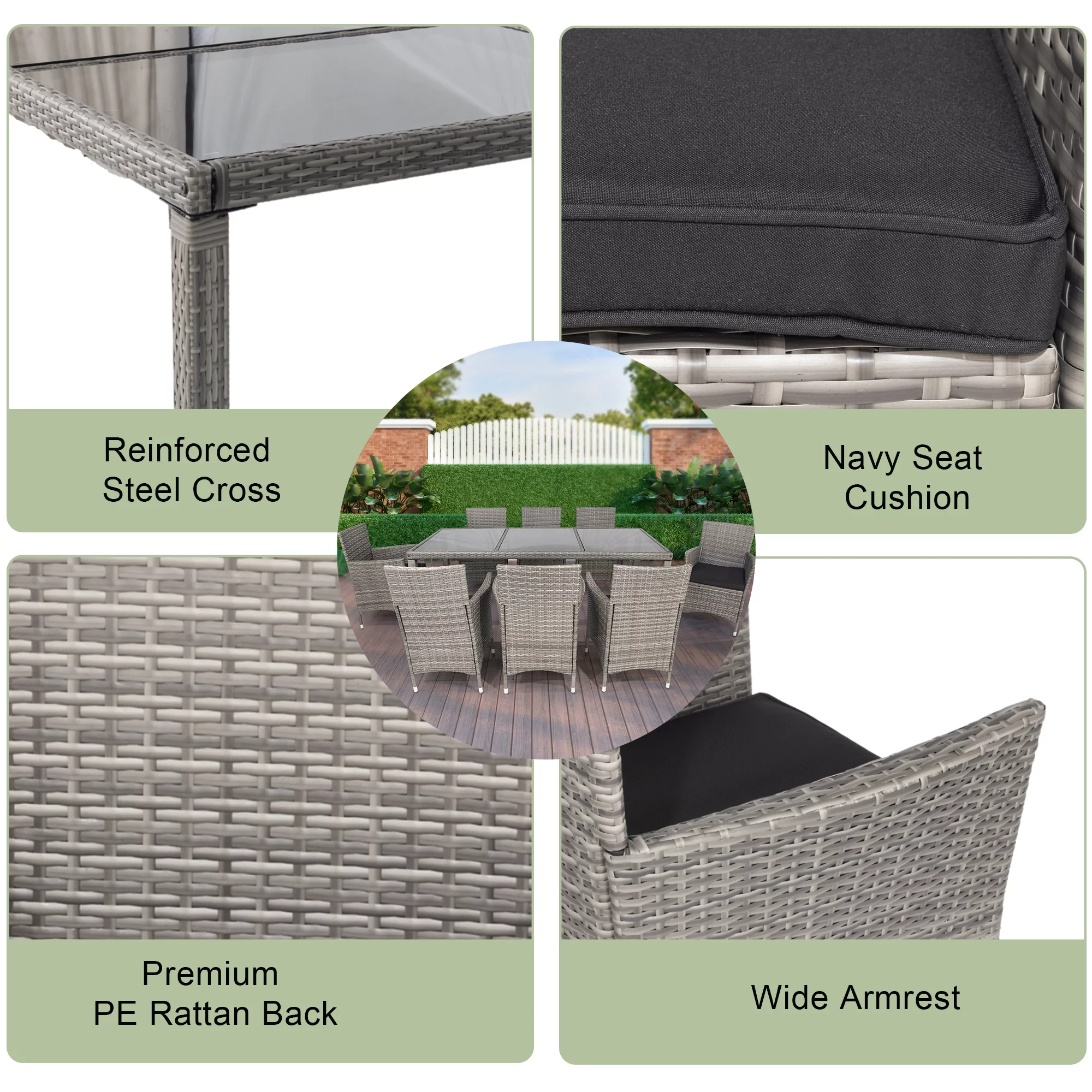 Outdoor Dining Set for 8, BTMWAY All-Weather 9 Pieces Wicker Dining Outdoor Patio Conversation Sets, Patio Dining Backyard Furniture Sets with Glass Tabletop and Cushioned Rattan Chairs, Black