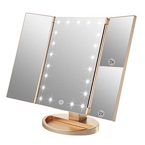 WEILY Makeup Mirror with 21 LED Lights,Two Power Supply Modes, Adjustable Touch Screen and 1x/2x/3x Magnification Tri-Fold Vanity Mirror,Chargeable Travel Cosmetic Mirror for Desktop(White)