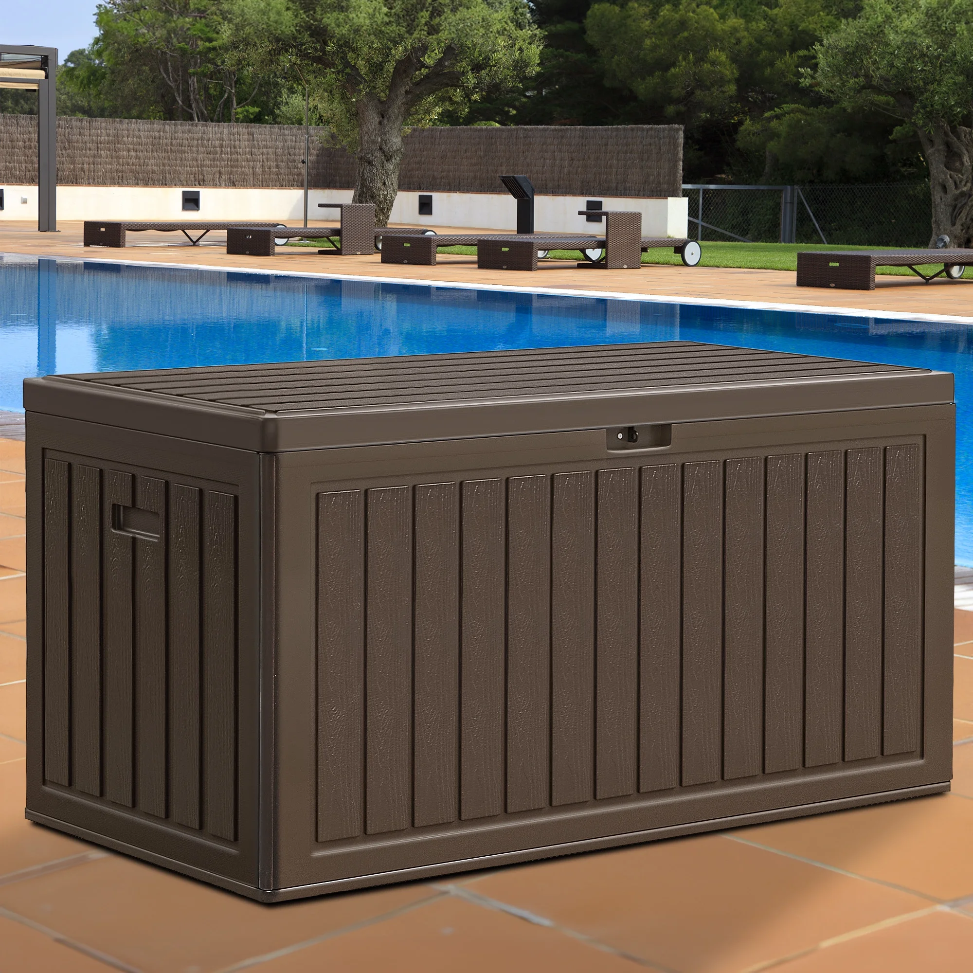 Dextrus 86 Gallon Large Deck Box, Double-Wall Resin Outdoor Storage Boxes, Deck Storage for Patio Furniture, Cushions, Pool Float, Garden Tools, Lockable & Waterproof (Brown)