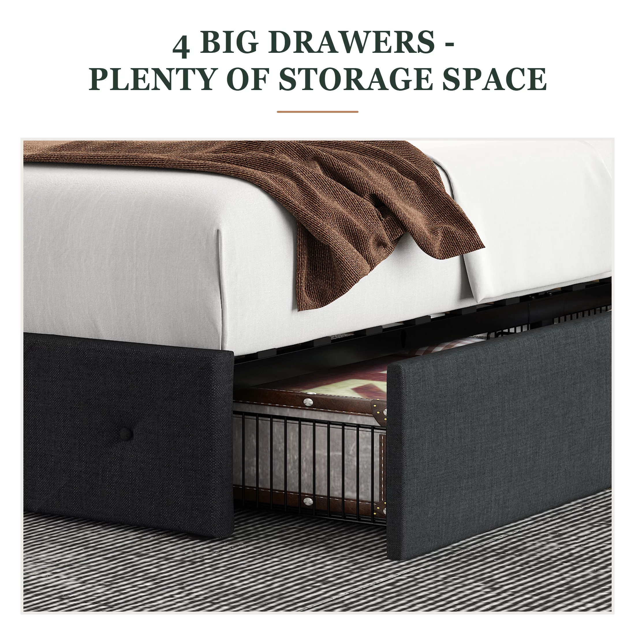 Amolife King Size Platform Bed Frame with Headboard and 4 Drawers, Dark Grey