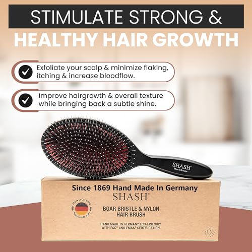 Made In Germany - SHASH + KELLER BüERSTENFABRIK Nylon Boar Bristle Brush Suitable For Normal to Thick Hair Gently Detangles, No Pulling or Split Ends - Softens Hair Texture, Stimulates (Medium)