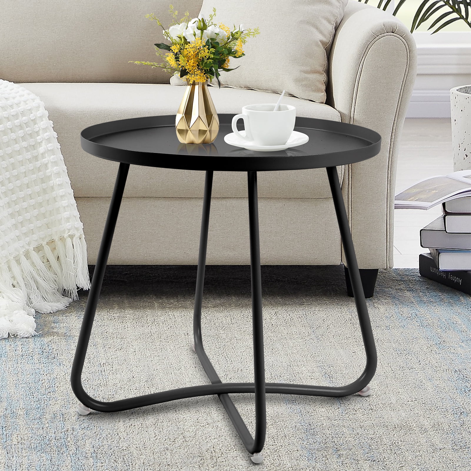 Fionafurn Round Side Table, Metal End Table, Small Patio Coffee Table for Porch Yard Balcony Garden, Black