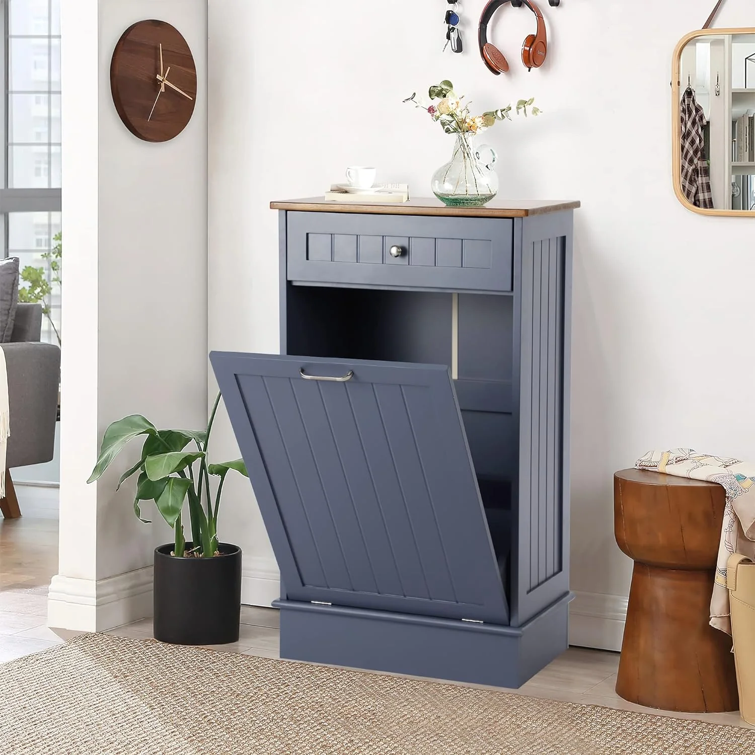 Kitchen Trash Can Cabinet, Tilt Out Free-Standing Trash Bin Cabinet with Drawer and Countertop, Pet-Proof Recycling Trash Cabinet Laundry Hamper for Home Kitchen Bathroom, Mist Blue