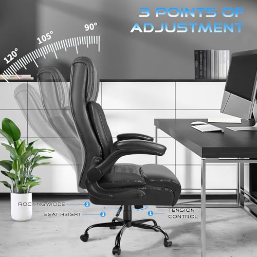 VITESSE Executive Office Chair,Heavy Duty Chair with Flip up Armrest,Ergonomic High Back Computer Gaming Chairs Home Office 400lbs, Big and Tall Office Chair with Lumbar Support（Black）