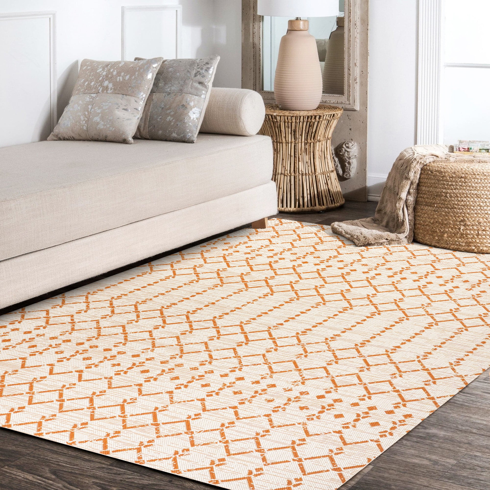 Ourika Moroccan Geometric Textured Weave Cream/Orange 4 ft. x 6 ft. Indoor/Outdoor Area Rug