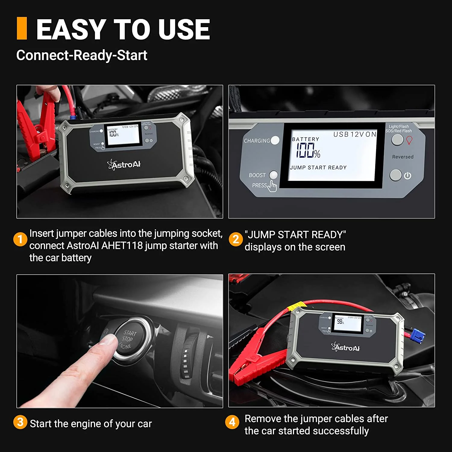 Jump Starter, Car Portable Battery Lithium Jump Starter, Power Bank with Jumper Cable, Powerful 2000A 12V