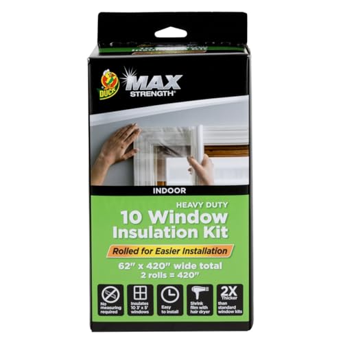 Duck MAX Strength Window Insulation Kit, Winter Window Seal Kit Fits up to 5 Windows, Heavy Duty Shrink Film Cuts to Size for Easy Indoor Installation, Window Tape Included,62 In. x 210 In., Clear