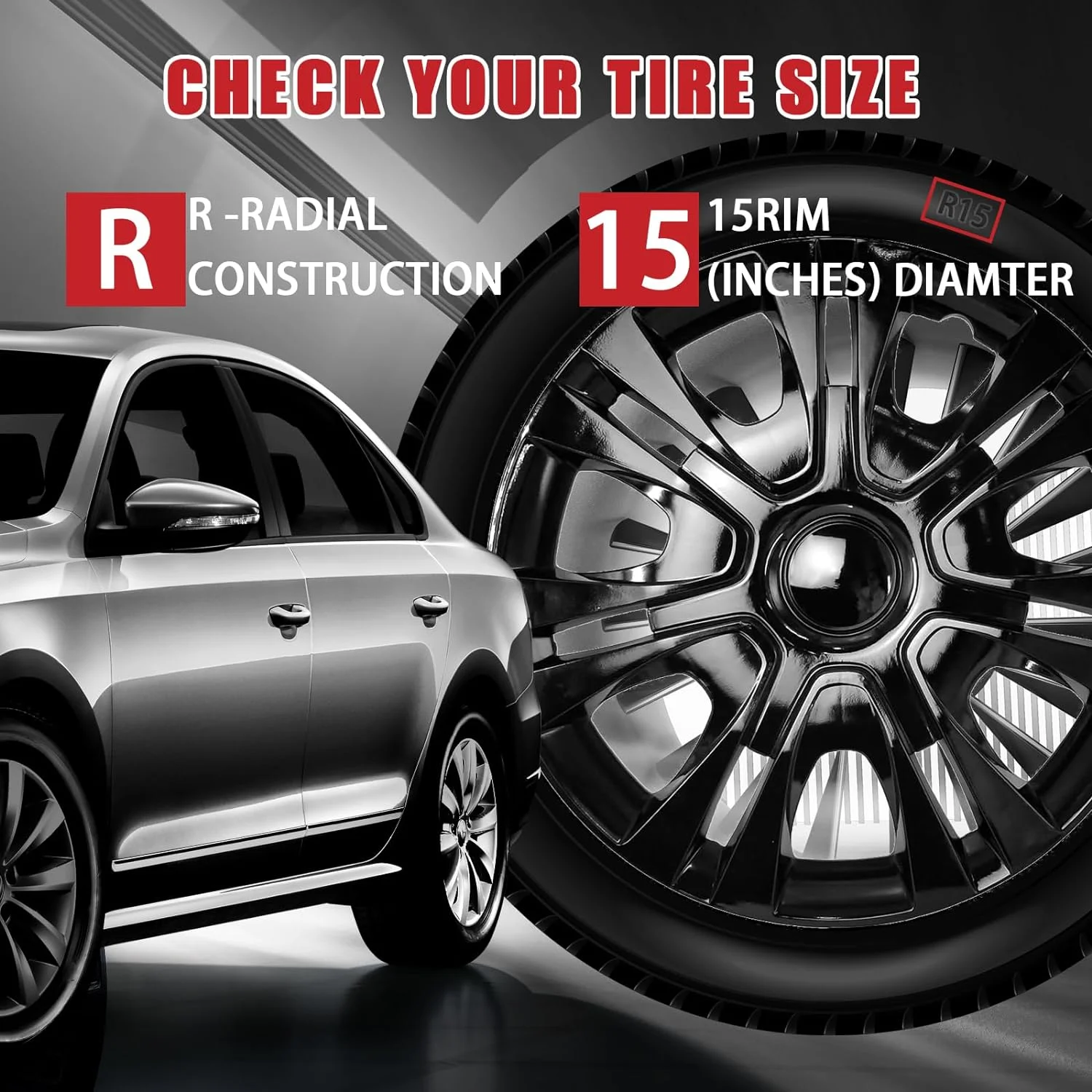 PRIJESSE HubCaps 15 inch Set of 4, R15 Hub caps, Universal Wheel Rim Cover ABS Material, Snap On Hubcap Fits Most Steel Wheels, Wheel Rim Covers Replacement - 4 Pack (Black)