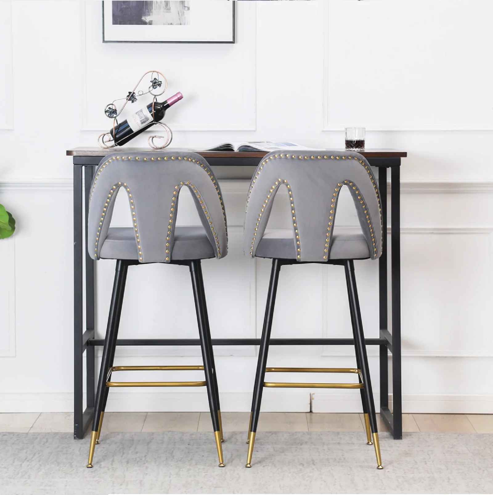 Bar Stools Velvet Upholstered Barstools with Back Bar Chairs 30 inch Seat Height for Kitchen Bar Living Room(Gray,Set of 4)