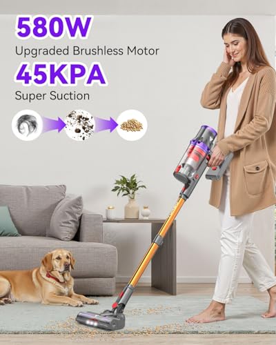 Coovy Cordless Vacuum Cleaner SU7, 580W 45Kpa 75 Minutes Runtime Stick Vacuum with Touch Screen, Anti-Tangle Wireless Powerful Lightweight Vac for Home Pet Hair Carpet Hardwood, Gold