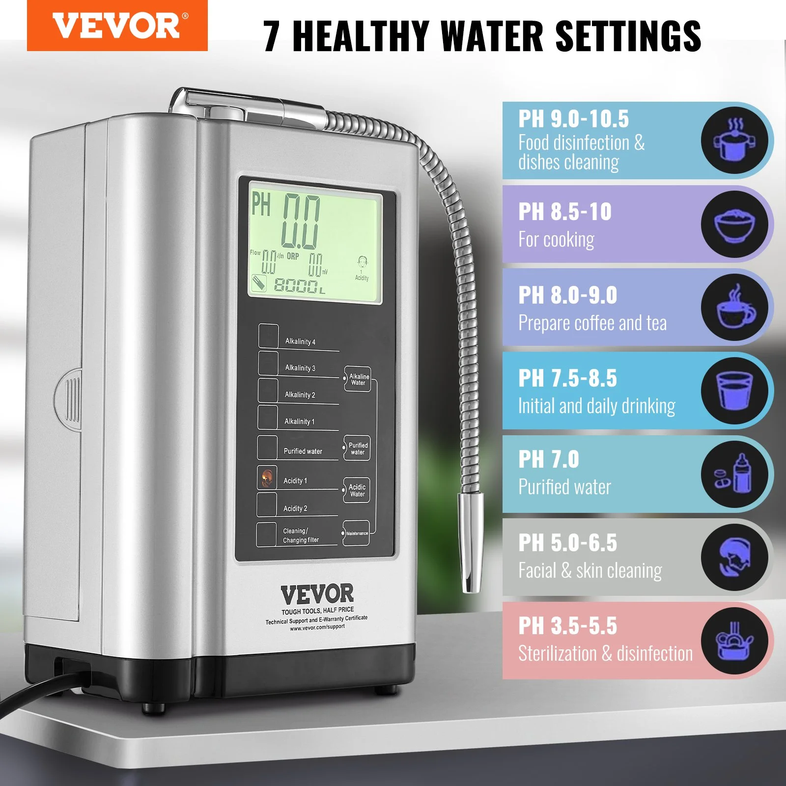 VEVOR Alkaline Water Ionizer Machine, pH 3.5-10.5, 7 Water Settings, -550mV ORP, 8000L Per Filter, Auto-Cleaning