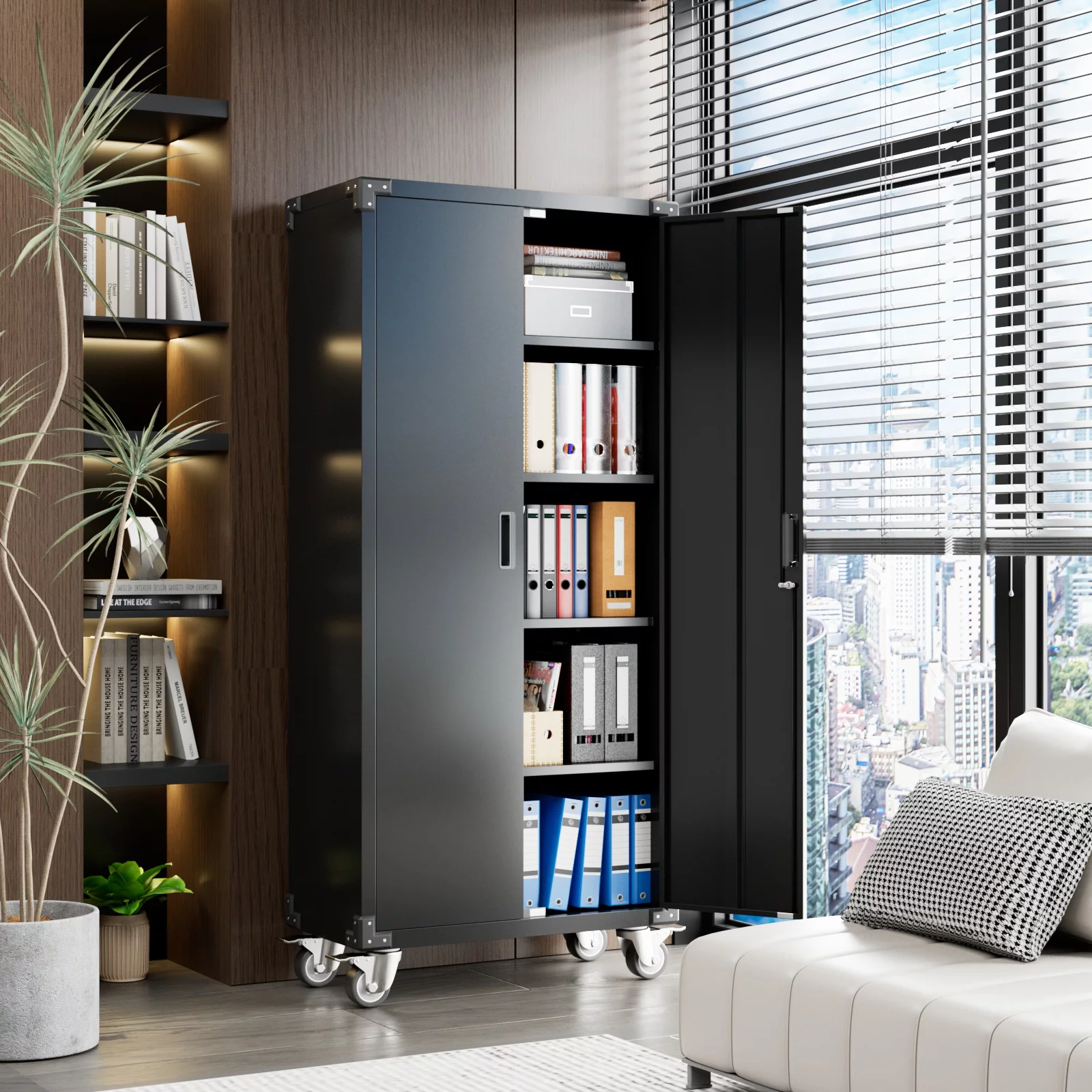 Aobabo Metal Storage Cabinet with Lock,Garage Storage Cabinet with Wheels,72In Steel Storage Cabinet for Garage Home Storage, Black Required-Assembly