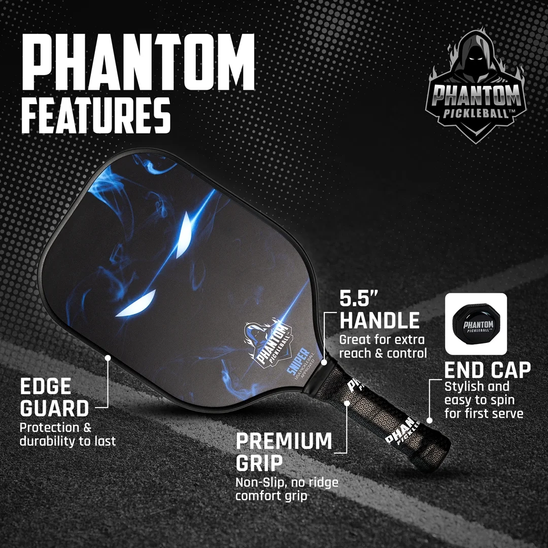 PHANTOM SNIPER (GRAY) 13MM T800 CARBON FIBER PICKLEBALL PRO PADDLE WITH COVER