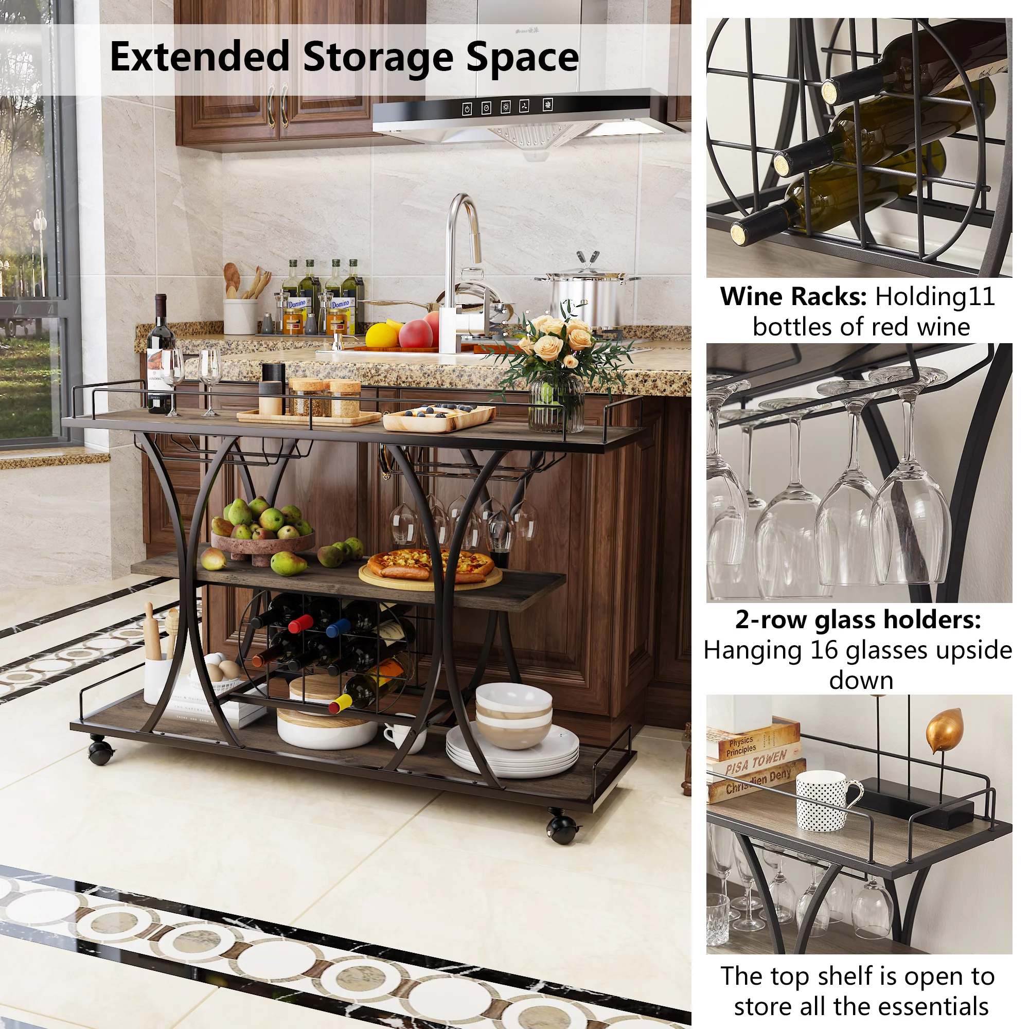 HUTWIFE 3 Tier Bar Cart, Mobile Kitchen Serving Cart Rustic Rolling Beverage Cart Metal Storage Carts with Handle, Wine Rack and Glass Holder for Kitchen and Living Room