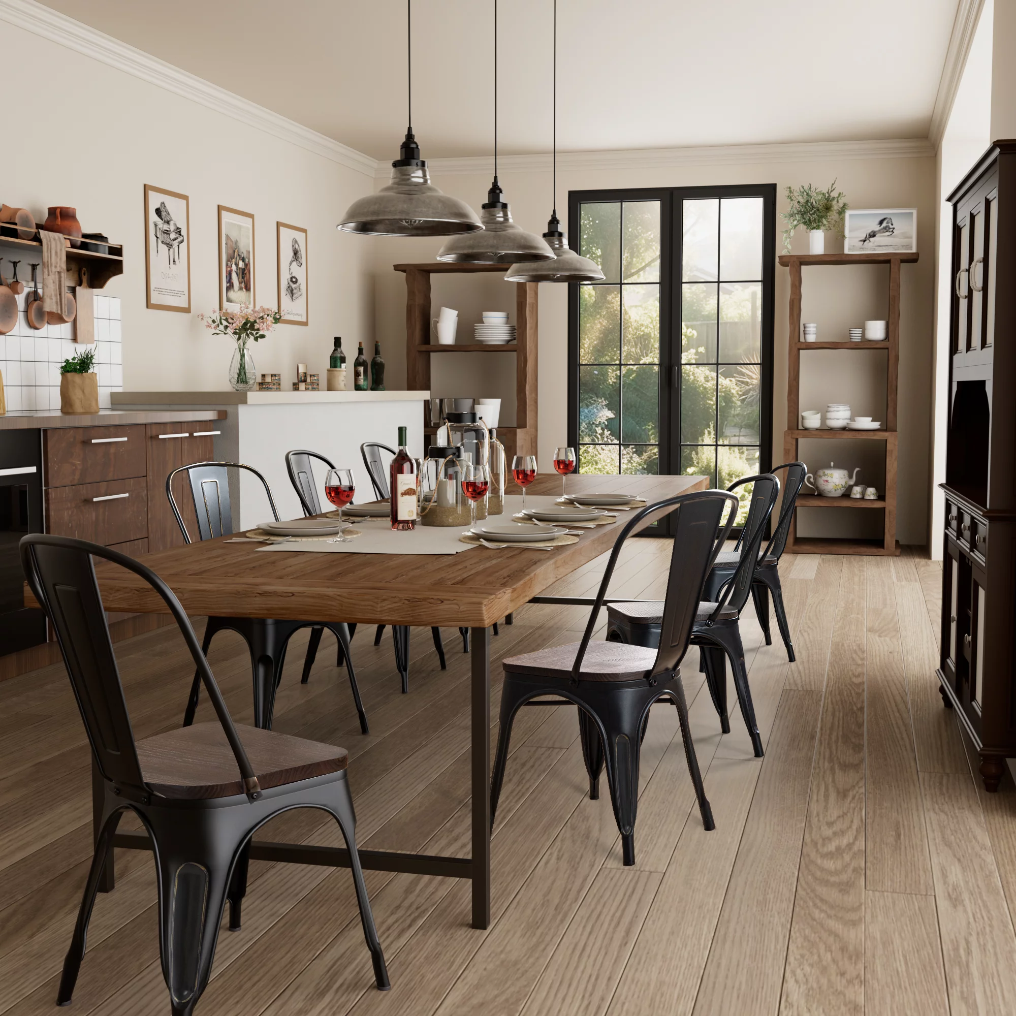 Vineego 18 Inch Wood Seat Dining Chair Set of 4, Industrial Vintage Stackable Metal Chairs,Black Gold