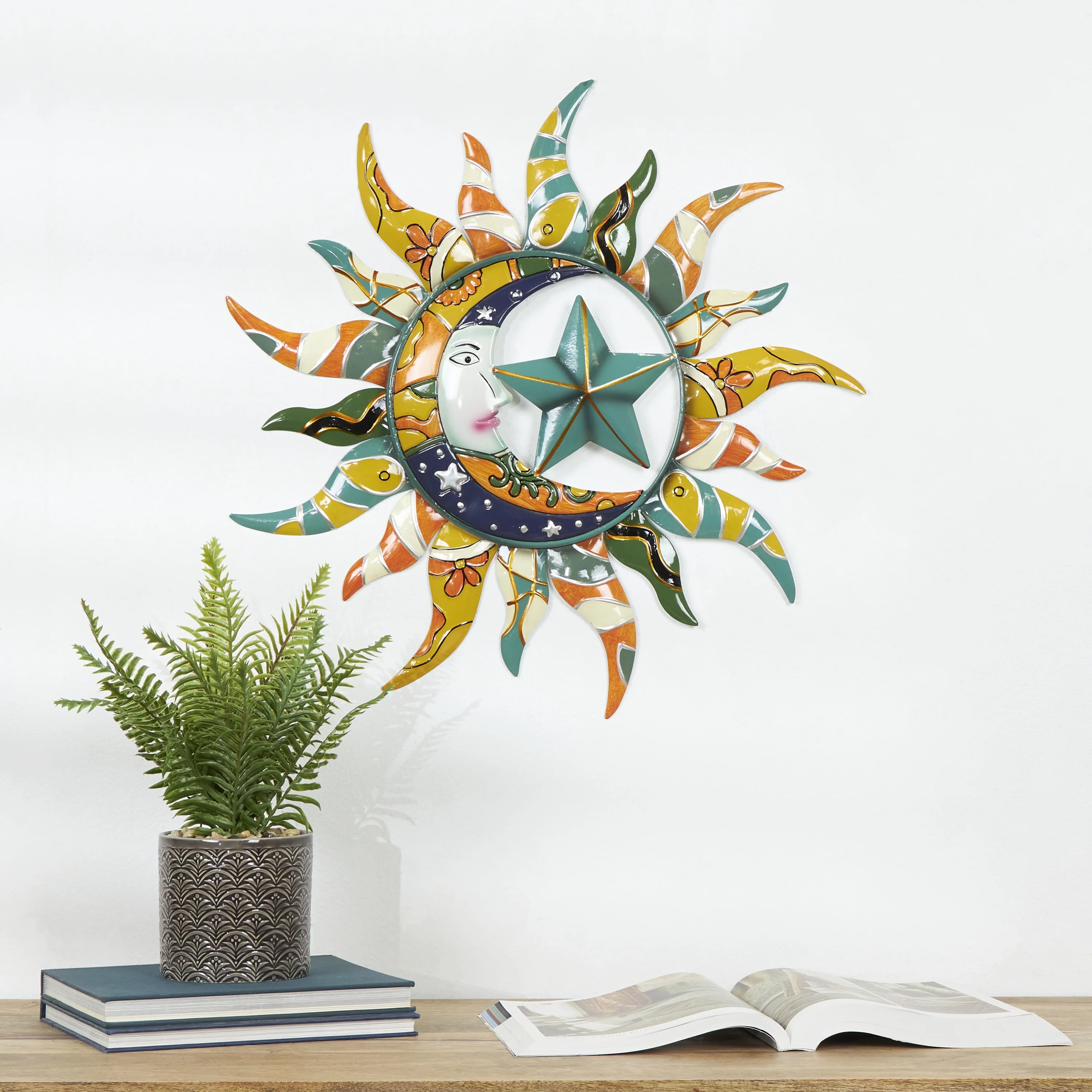 DecMode Multi Colored Metal Indoor Outdoor Sun and Moon Wall Decor with Abstract Patterns