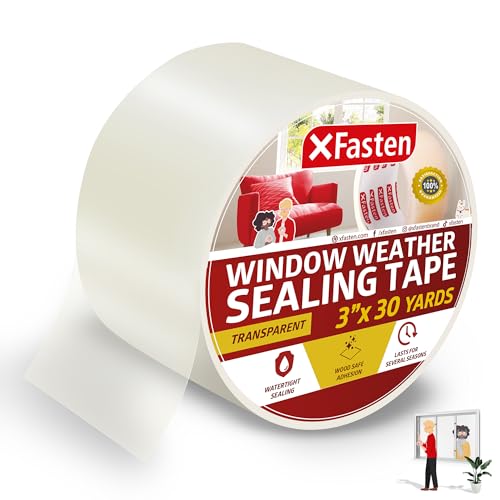 XFasten Transparent Window Weather Sealing Tape, 2-Inch x 30 Yards (50.8mm x 27.43m), Clear Window Draft Isolation Sealing Film Tape, No Residue