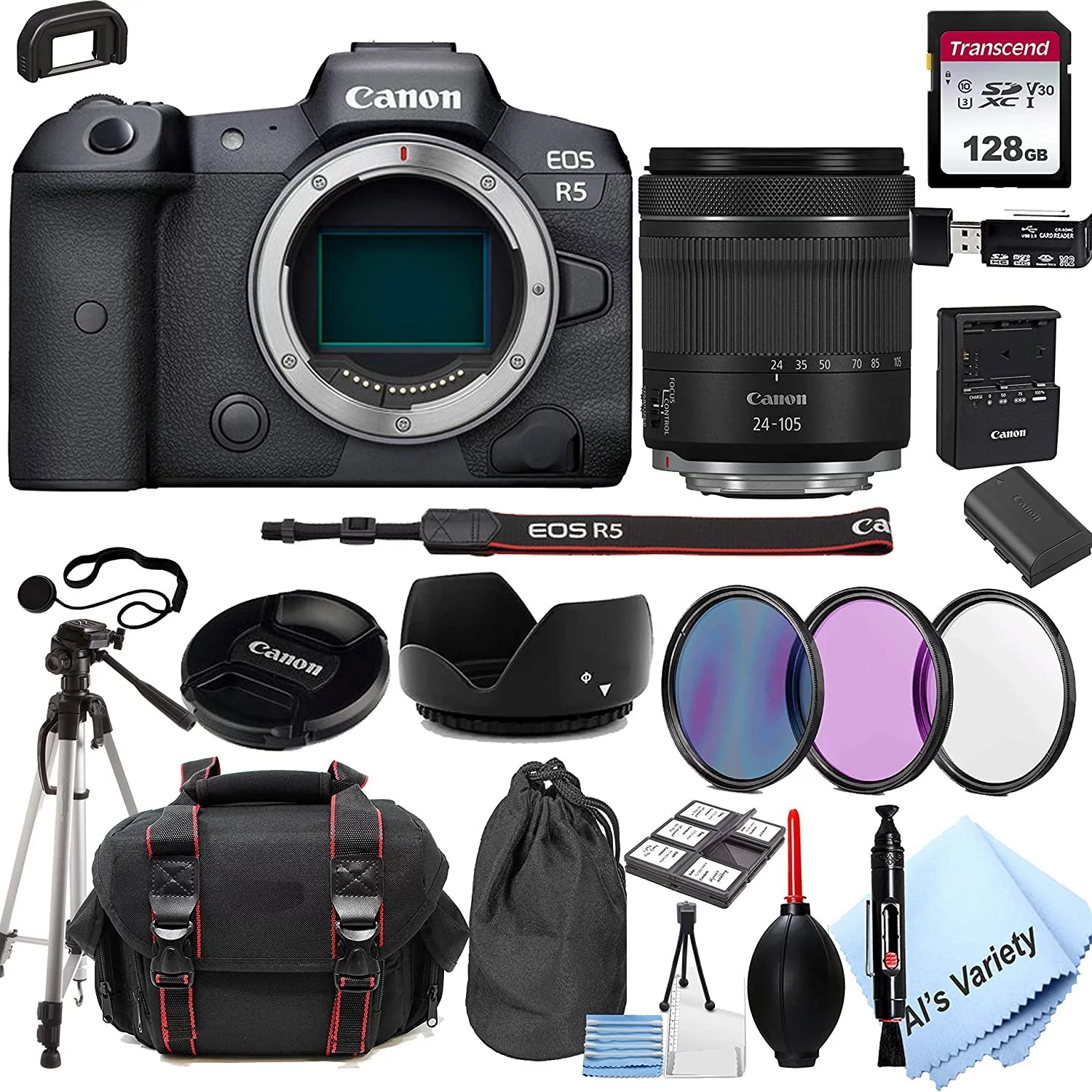 Canon EOS R5 Mirrorless Digital Camera with 24-105mm f/4-7.1 Lens Bundle + 128GB Memory + Case + Filters + Tripod 24pc Bundle