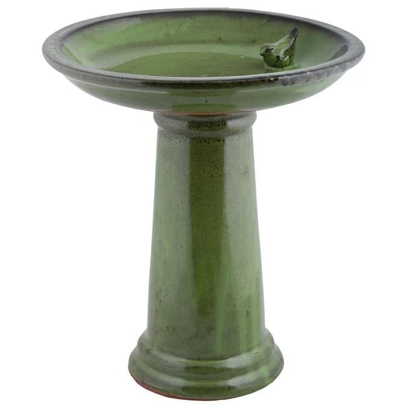 Ceramic Bird Bath on Pedestal with Bird, Green