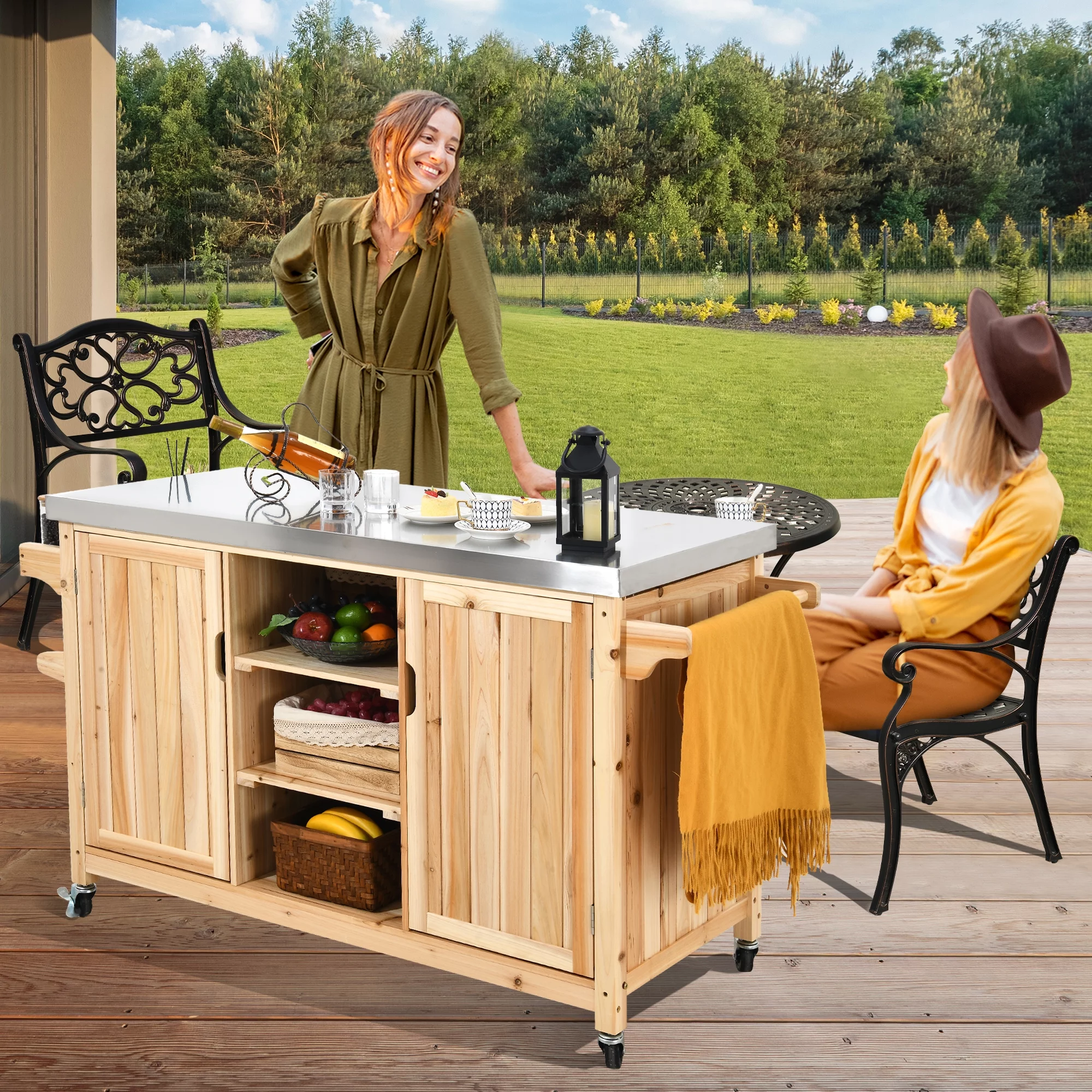 DWVO Outdoor Table and Storage Cabinet Solid Wood Movable Grill Table with Stainless Steel Top for Outside Patio Kitchen Island or Bar Cart