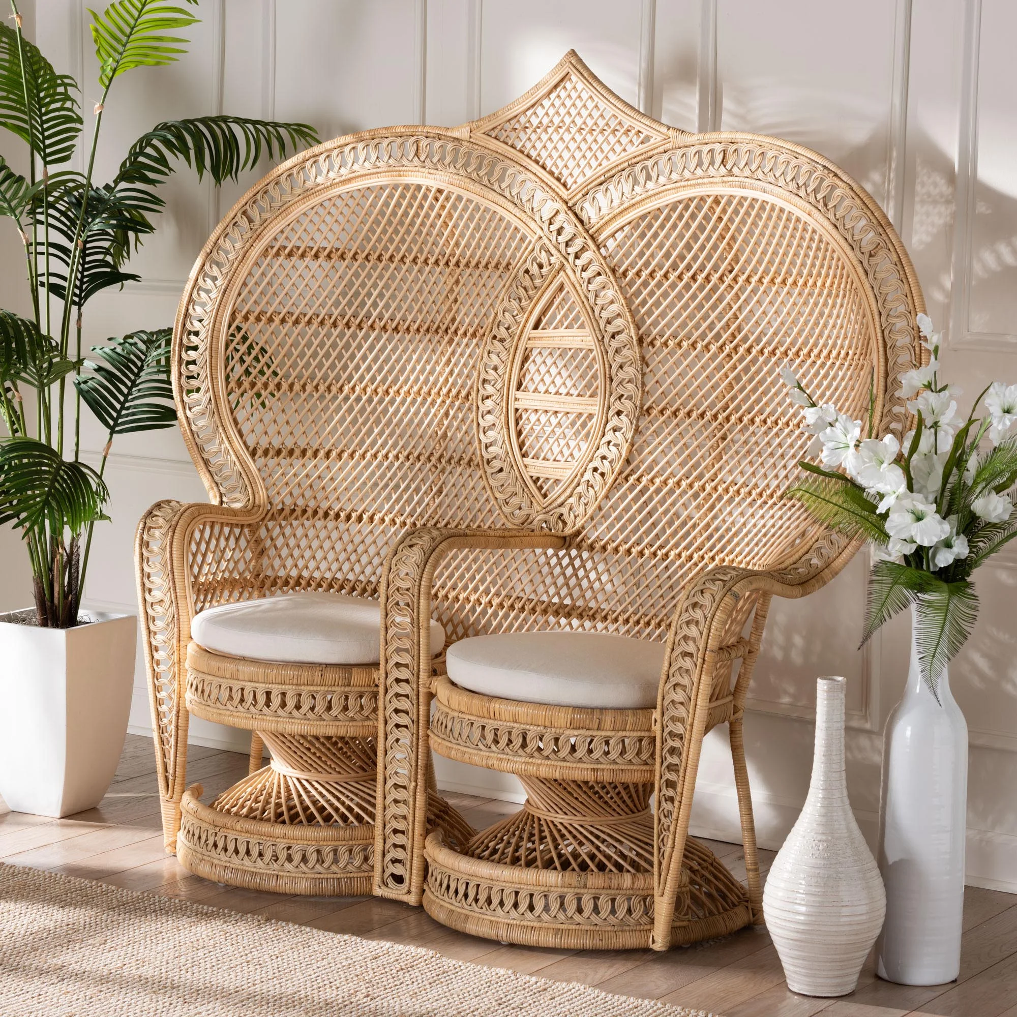 bali & pari Nerita Rattan BOHO Two-Seater Peacock Chair, Natural Brown