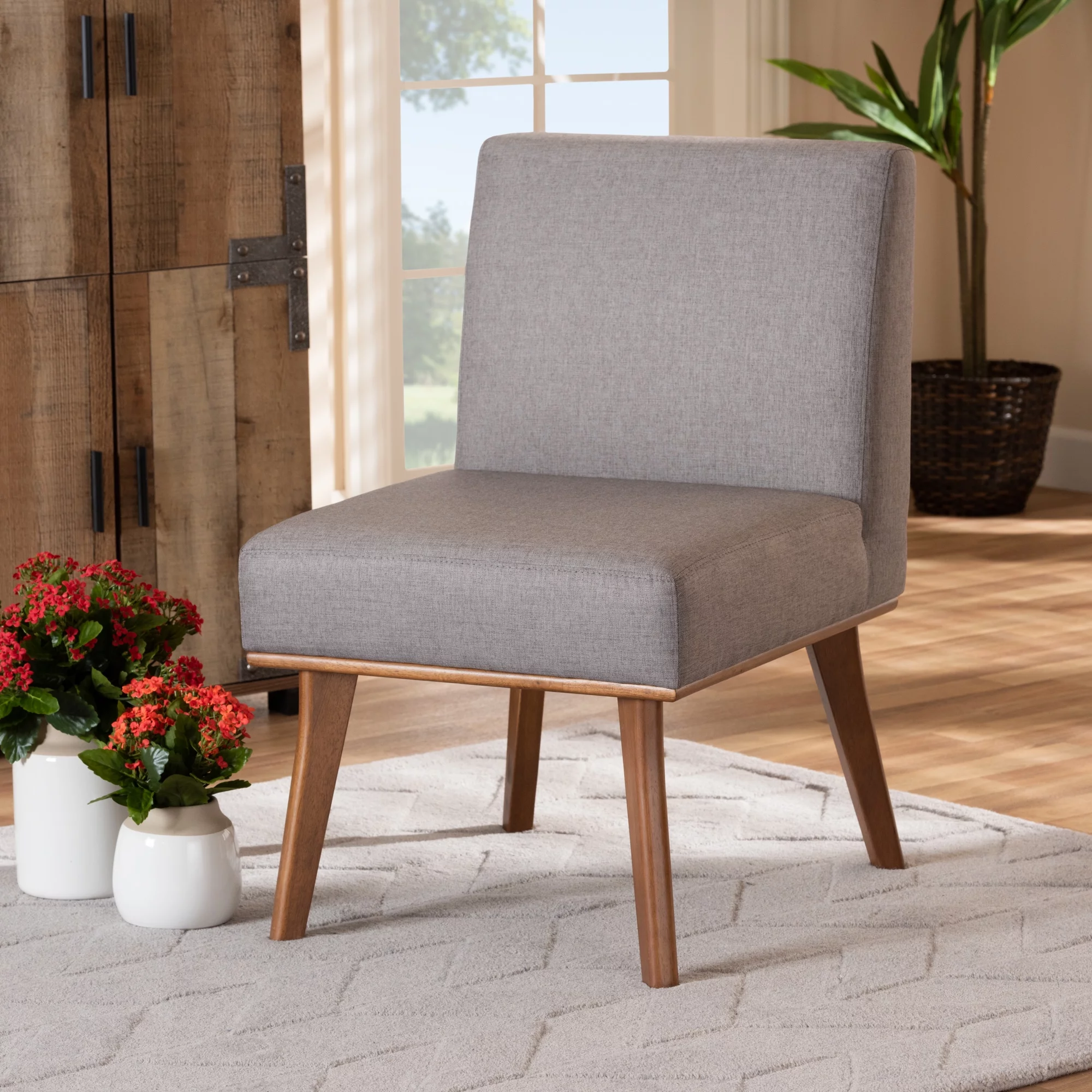 Baxton Studio Odessa Mid-Century Modern Grey Fabric Upholstered and Walnut Brown Finished Wood Dining Chair