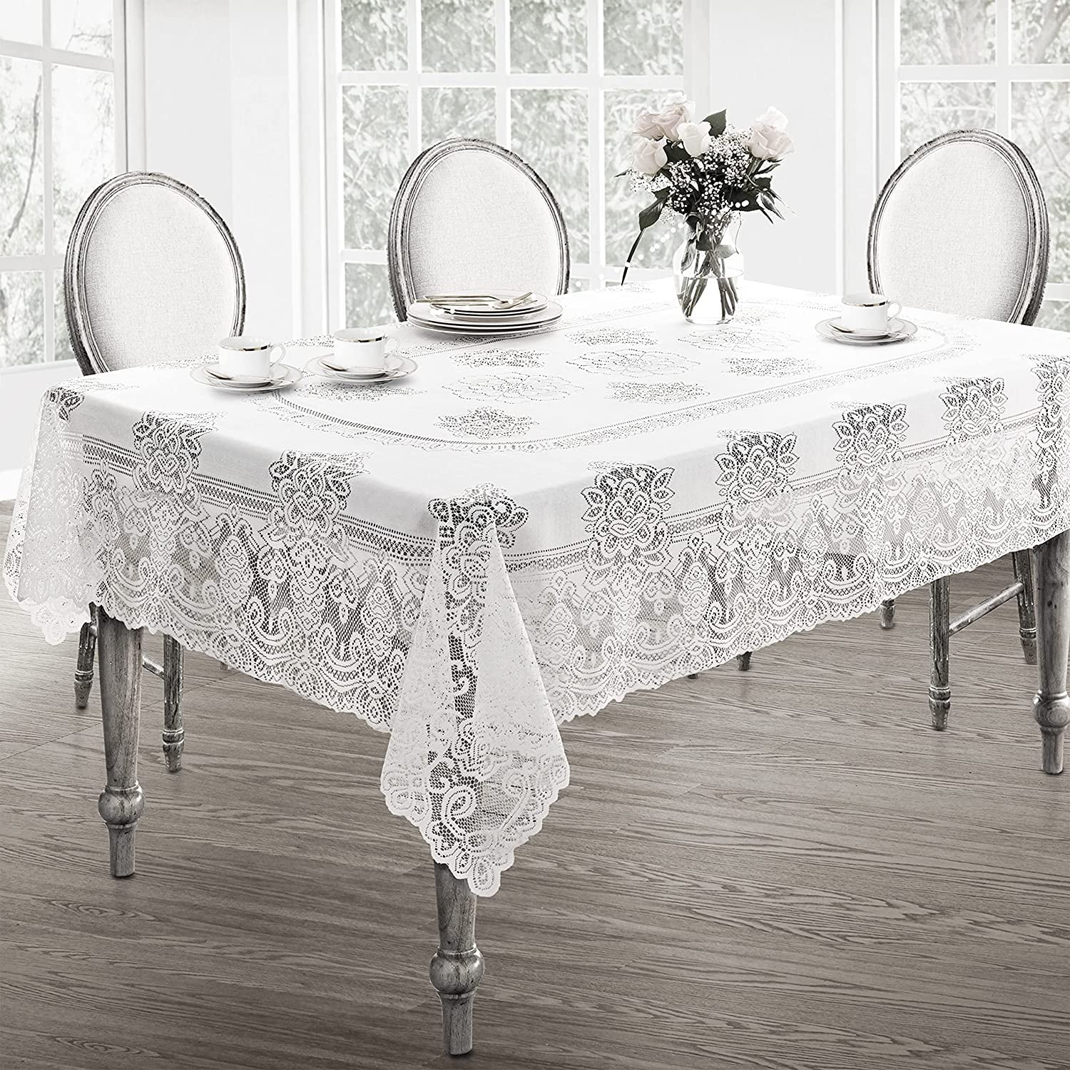 Newbridge Allison Victorian Heirloom Lace Fabric Tablecloth, Vintage Scalloped Polyester Lace Tablecloth, 52 Inch x 70 Inch Oblong/Rectangle, White