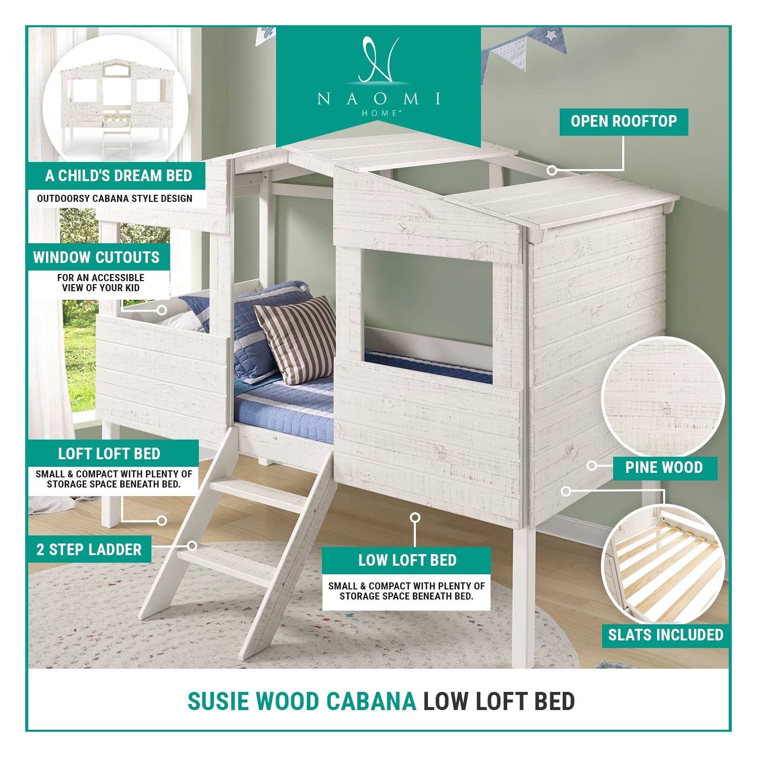 Susie Full Size House Bed for Kids - Cabana Style Solid Pine Wood Toddler Bed with Front Windows & Roof, Full Size Loft Bed for Kids with Guard Rails, Perfect for Girls/Boys by Naomi Home, Light Gray