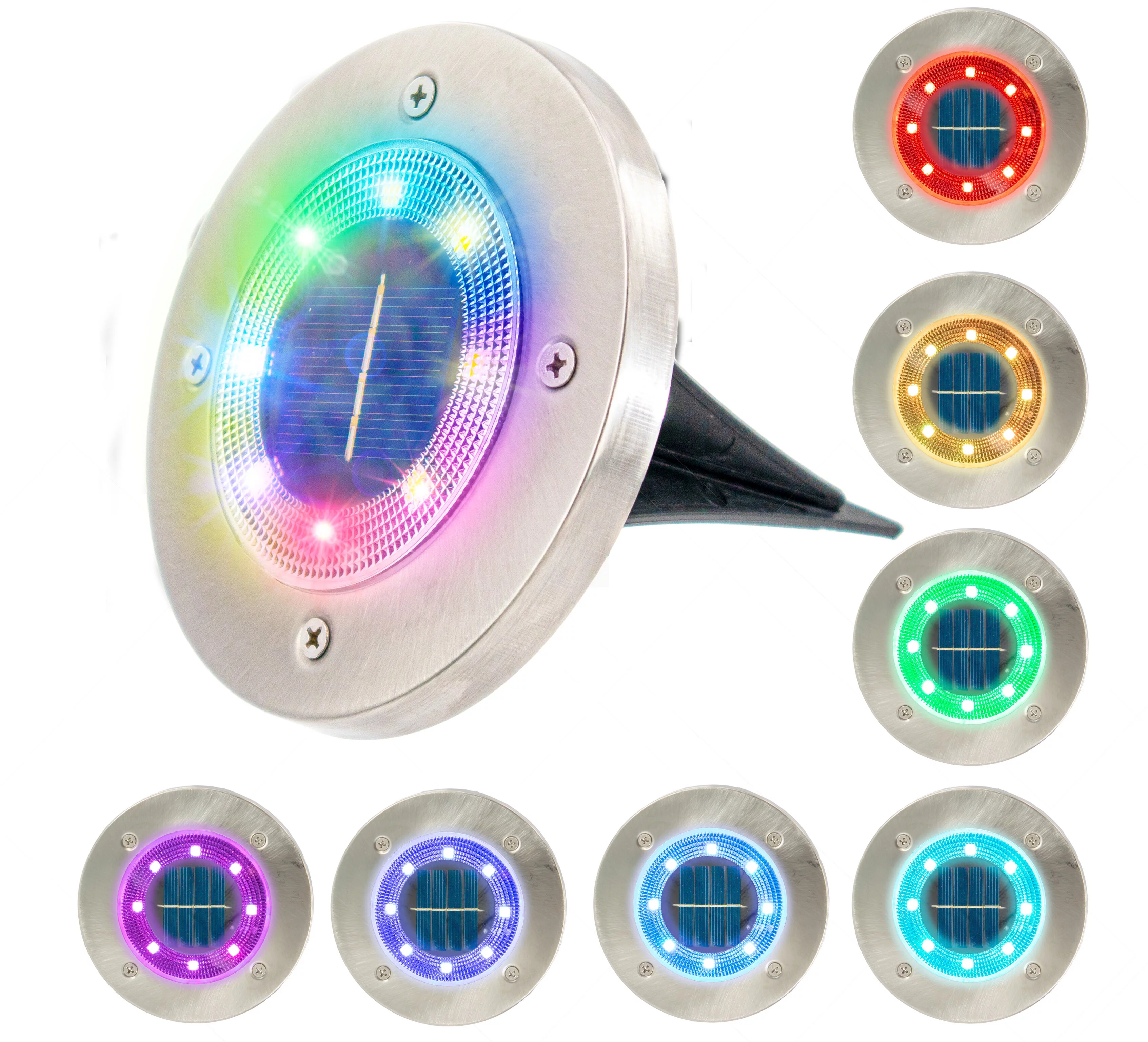 Solar Disc Powered COLOR Changing 8 LED Disk Path Ground Lights W/ Diffusing Lens - 7 Color Changing Stainless Steel Waterproof Garden Landscape Spike Yard Lights - 4 Pack - RGB Color Changing